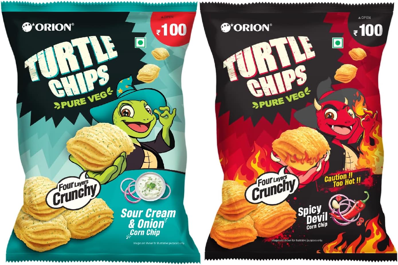 Orion Turtle Chips Party pack (Pack of 2) - Sour cream n onion & Spicy Devil flavors|100% veg|Korean snacks - 115 gm (Pack of 2)