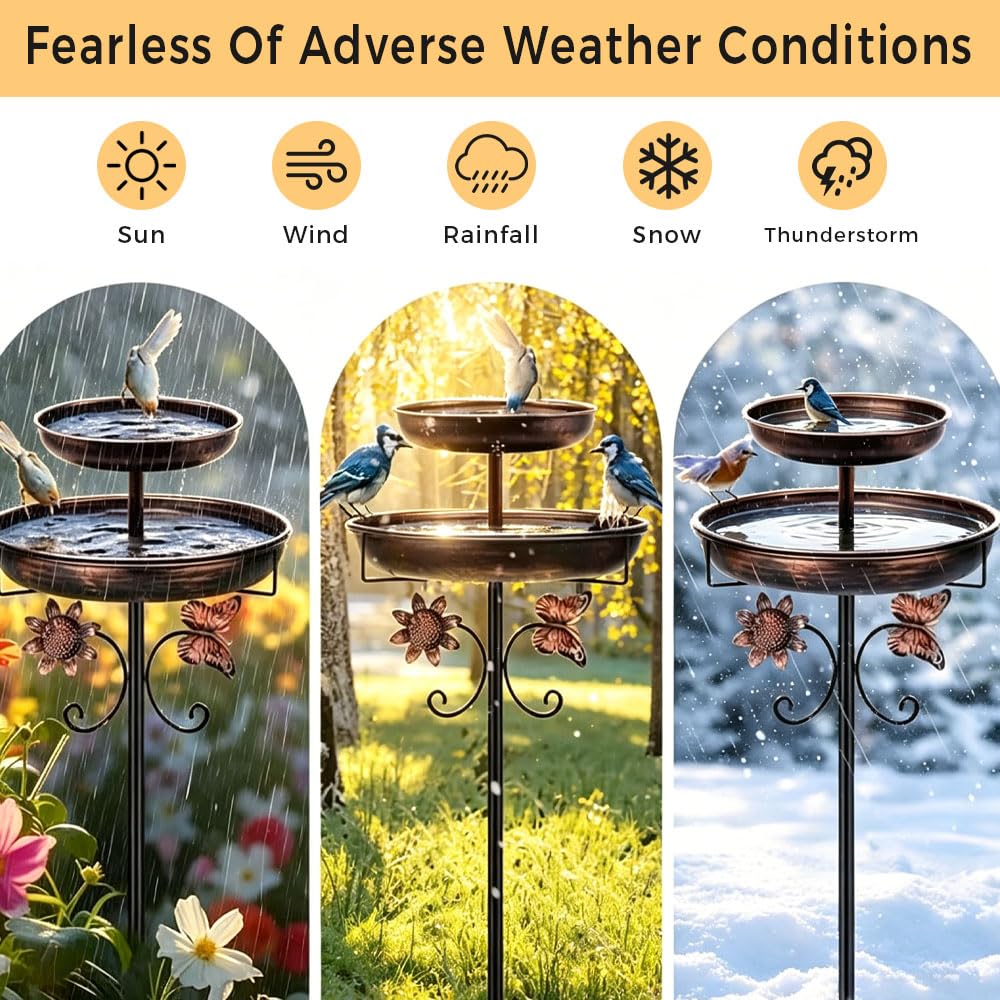 115cm Vogeltränke Stehend, Vogelbad für Draußen Garten, 2 In 1 Wassertränke für Vögel, Vogelbad Garten Stehend mit Stabiler 5-Zinken-Basis für Garten und Rasen, Winterfest Futter Wasserschale