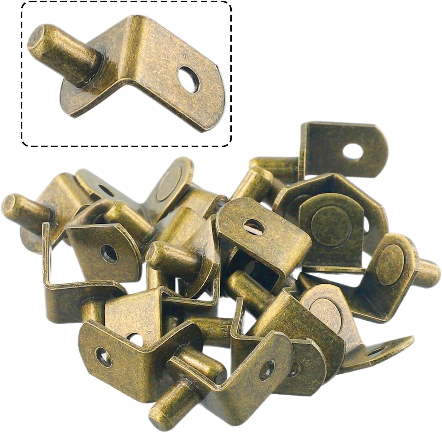 20-Pack Bronze Shelf Support Pegs, 6mm L-Shaped Cabinet Bracket Studs Wood, Plywood & Glass Shelves, Heavy-Duty Iron Shelf Pins with Chamfered Tip Installation