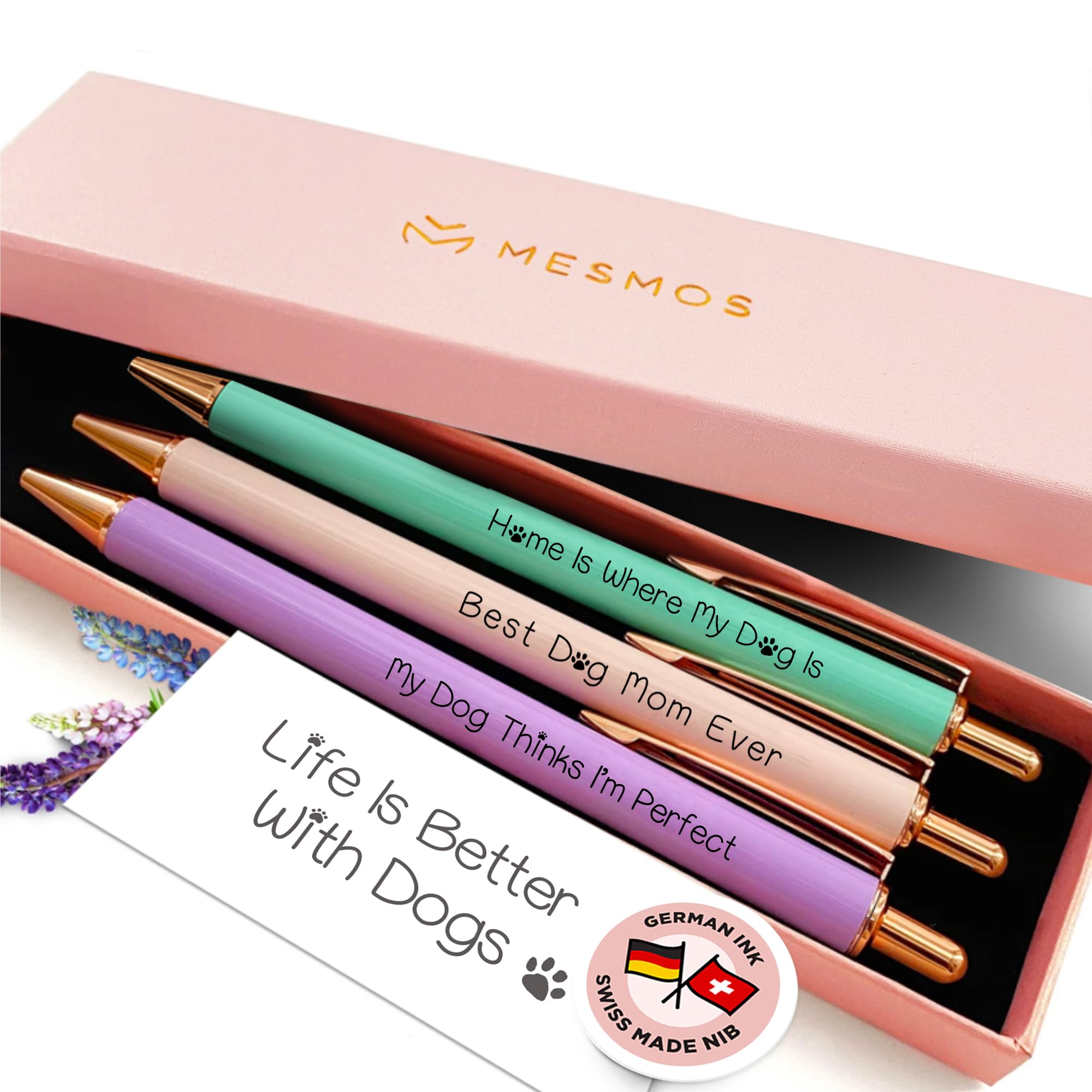 MESMOS 3-Pack Dog Mom Gifts, Fancy Pens for Women, Dog Lovers Gifts for Women and Owners, German-Made Ink Ballpoint Pens, Swiss-Made 1mm Medium Tip