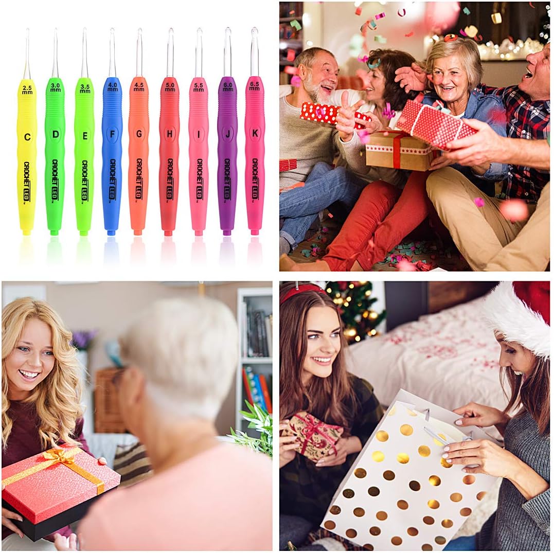 Light up Crochet Hooks with LED Light - LED Lite Hooks - Ergonomic Grip Handles & Organizer. Color Coded Illuminated 9 Hooks for Arthritic Hands - Size 2.5mm to 6.5mm (Blister)