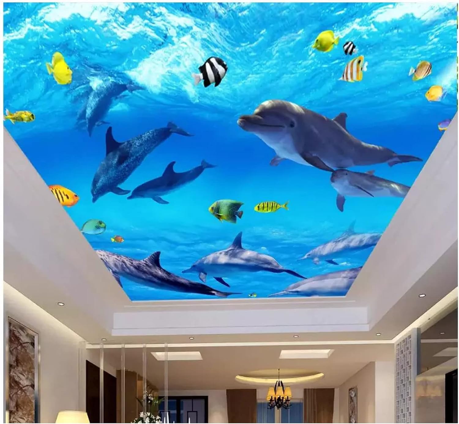 3d写真の壁紙カスタム3d天井の壁紙壁画青い水線マリンイルカの天井壁画3dリビングルームの壁紙 Czpwn3gamm Invama Gov Co