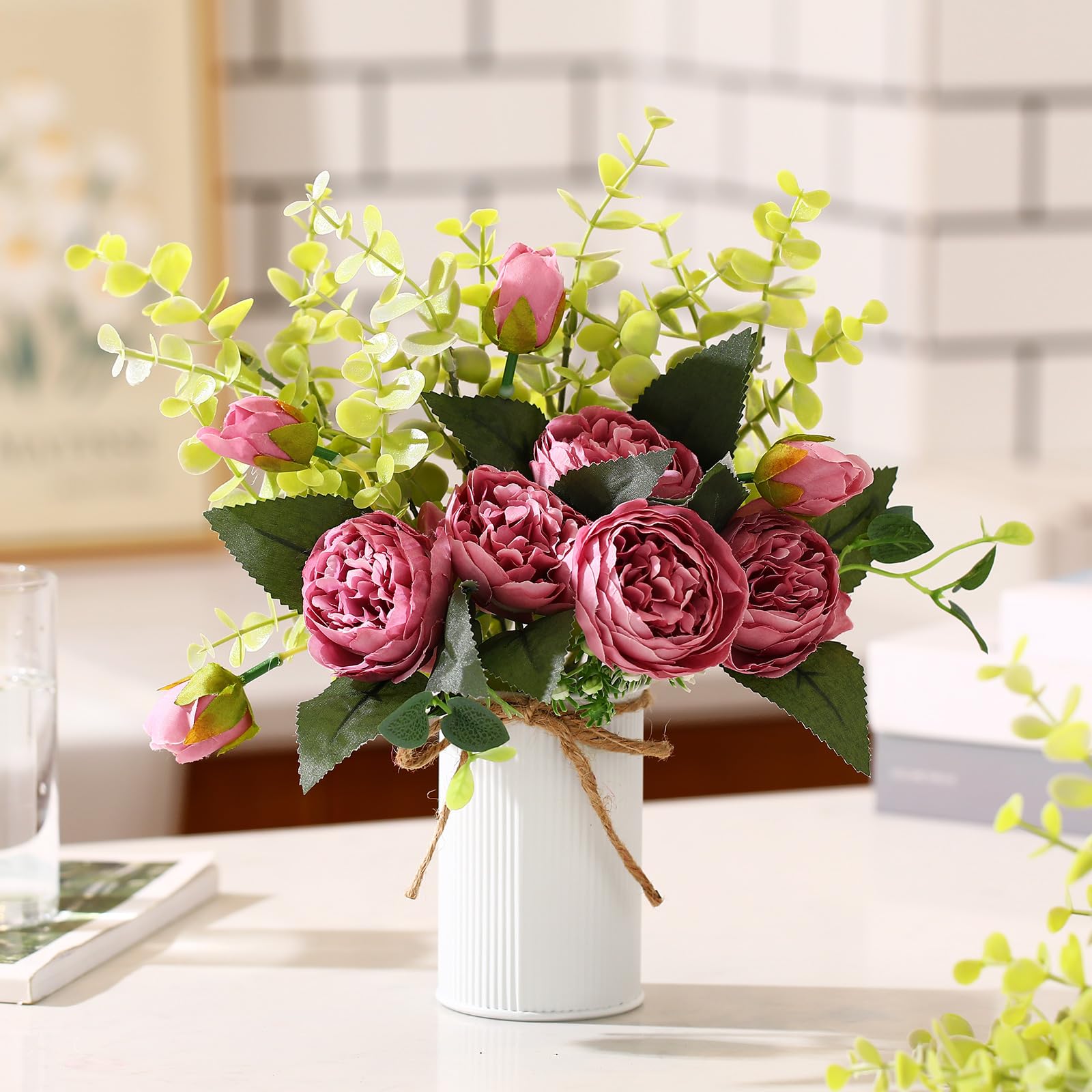 6 Sets künstliche Pfingstrosen, 6 künstliche Pfingstrosen mit Vase, 6 künstliche Eukalyptus, Kunstseide, Pfingstrosen, Blumenstrauß, Frühlingsblumen für Dekoration, Hochzeit, Party, Zuhause,