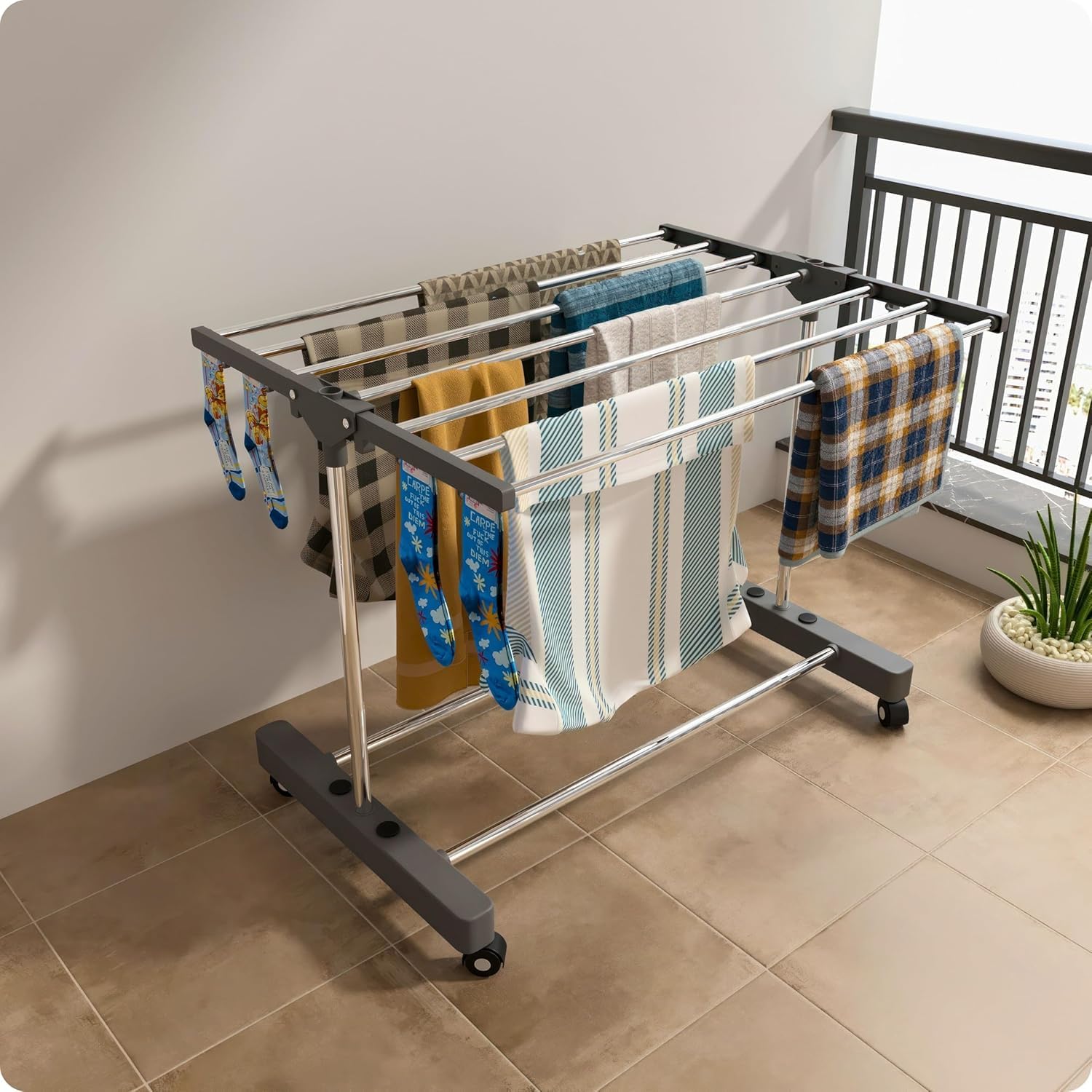 riomax 1 pole 1-tier premium heavy-duty stainless-steel clothes drying stand with wheels, foldable laundry rack with sock holder, indoor & outdoor cloth dryer for balcony terrace (ss, pack of 1)