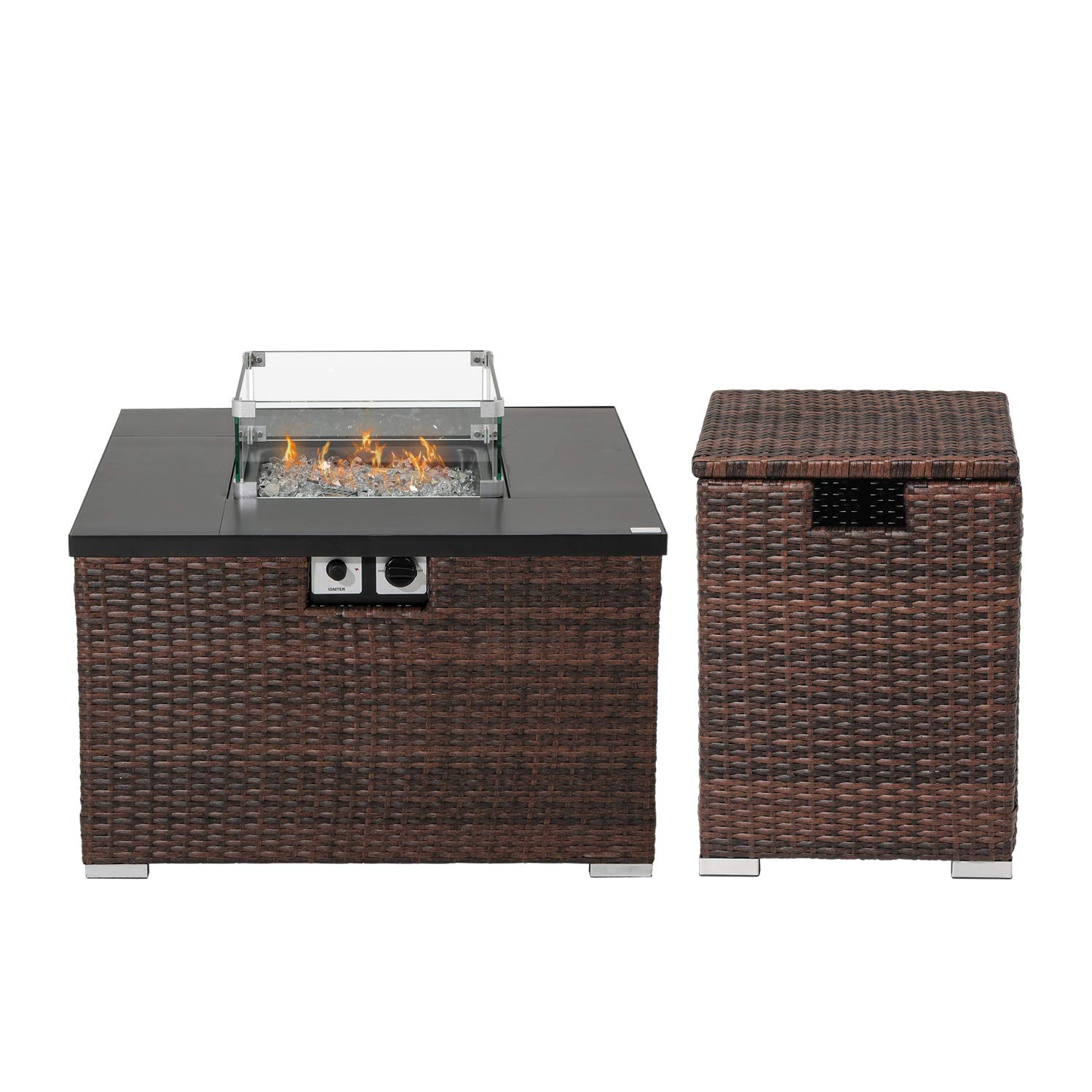 COSIEST Outdoor Propane Fire Pit 32inch Square Espresso Brown Wicker Fire Table, 40,000 BTU