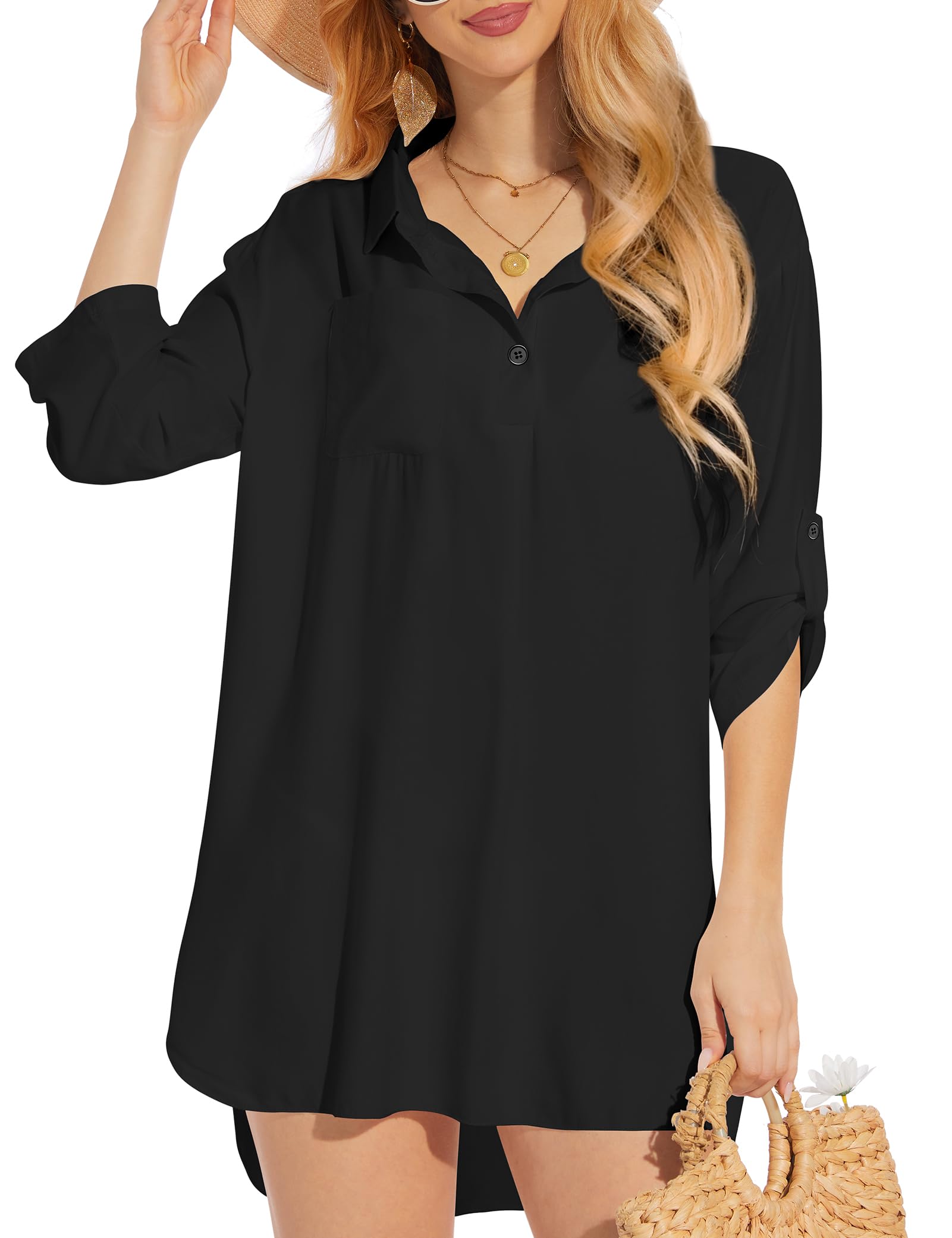 Kiiwah Vestido de Playa Mujer Camisolas de Playa Algodón Bikini Cover up Traje de Playa Cuello en V Ropa de Playa Pareos de Casual Color Sólido Blusa con Botón para Verano