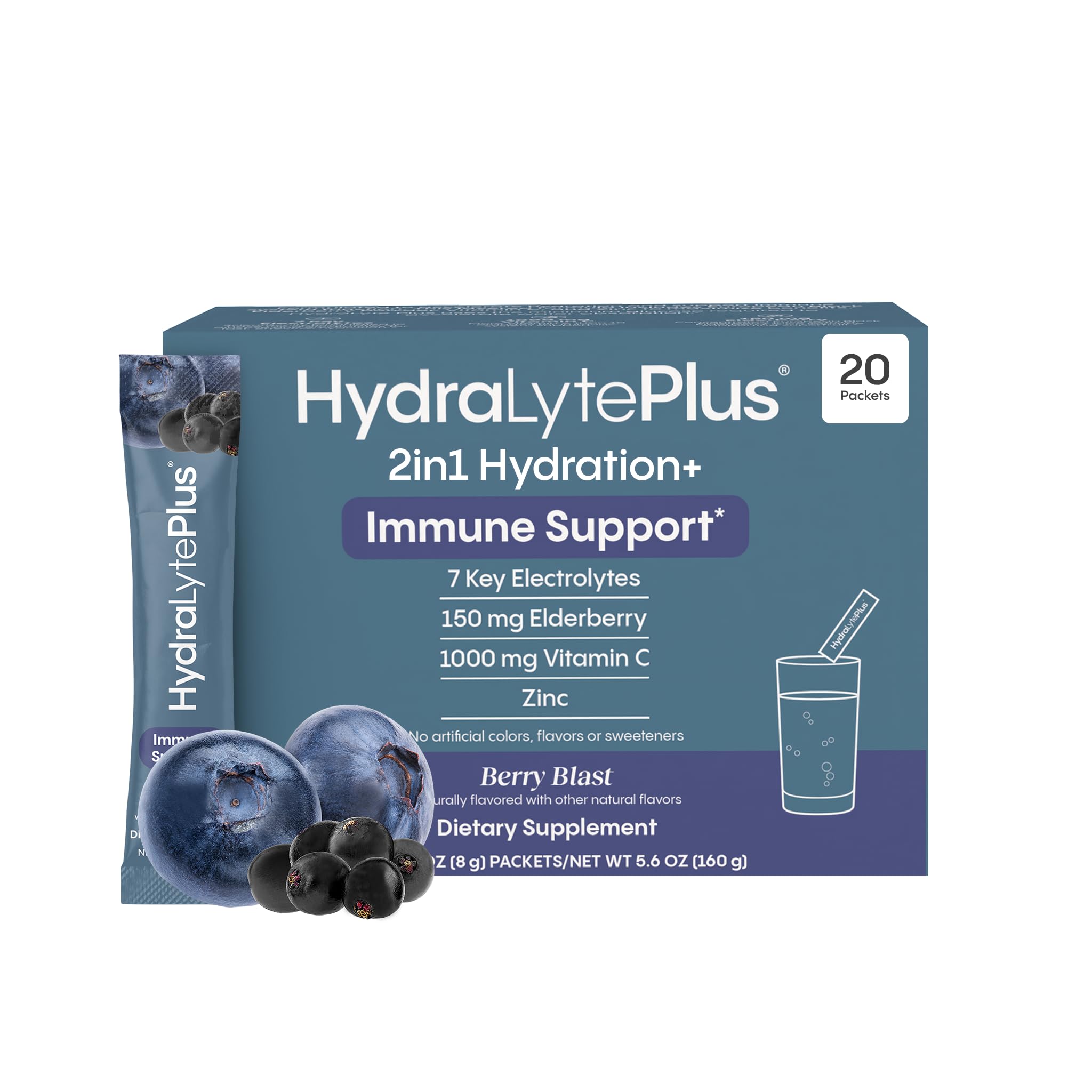 HydralyteElectrolytes Plus Immunity, Elderberry - Low Sugar Rapid Rehydration Powder - Lightly Sparkling Electrolyte Powder Packets with 1,000mg Vitamin C and 300 mg Elderberry (8oz Serve, 20 Count)