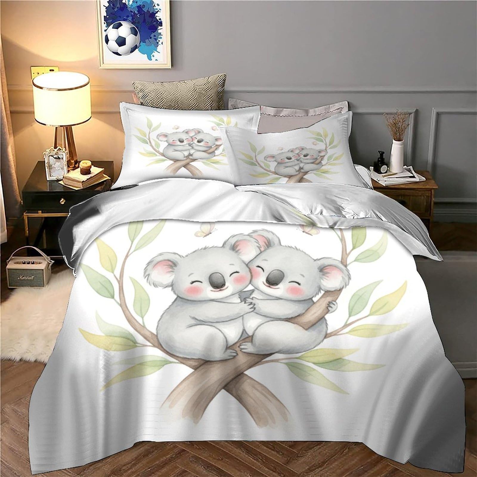 süßes Koala-Pärchen 3D Bedruckt Bettdeckenbezug 3teilig Mikrofaser leichtgewichtig Aquarellillustration Bettbezug 2 Kissenbezüge hautfreundlich Erwachsene Familie Super King（260x220cm）