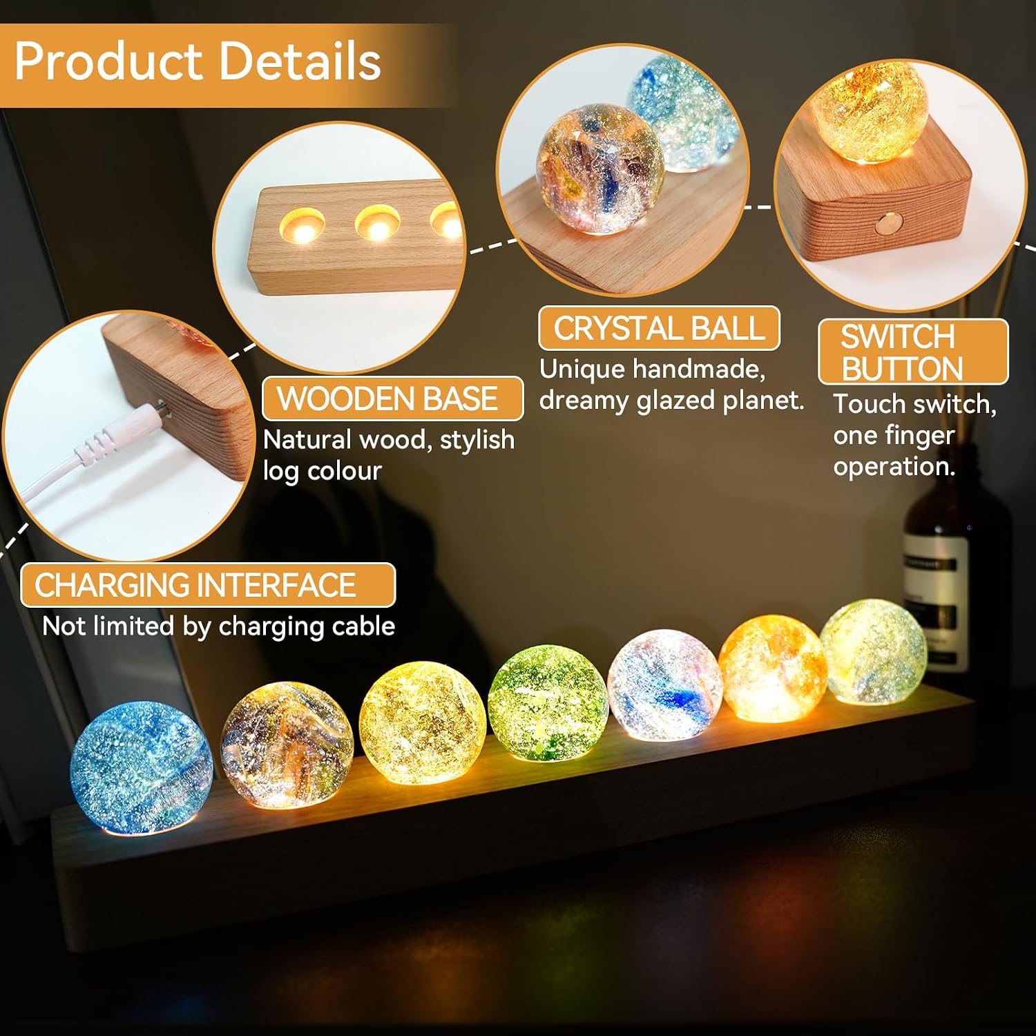 JOJOCY 7 Colors Glass Ball Night Light with LED Wooden Base Rechargeable, 4cm/1.6in Healing Spheres Balls for Meditation & Decor Lights Gift for Friends Boys Girls Teacher (Base & Balls)
