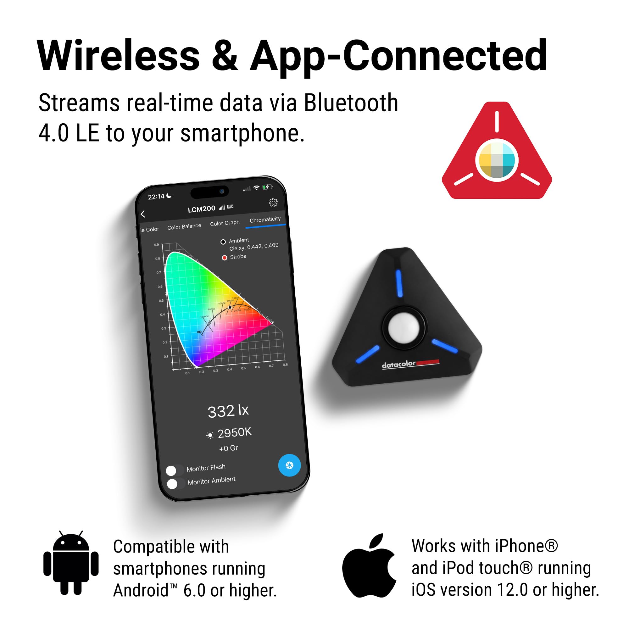 Datacolor LightColor Meter - Bluetooth-Enabled Light & Color Temperature Meter for Photo, Video, and Cinema - Continuous Real-Time Data Streaming - Portable, Compact, Drop-Resistant