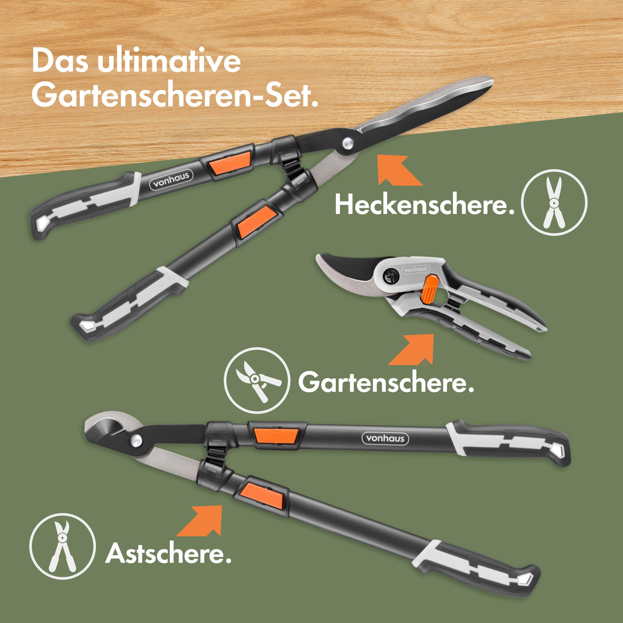 VonHaus 3-Teiliges Gartenscheren Set – Baumschere, Heckenschere, Gartenschere – Teleskopisch Verlängerbare Strauchschere mit Weichen Griffen – Leicht