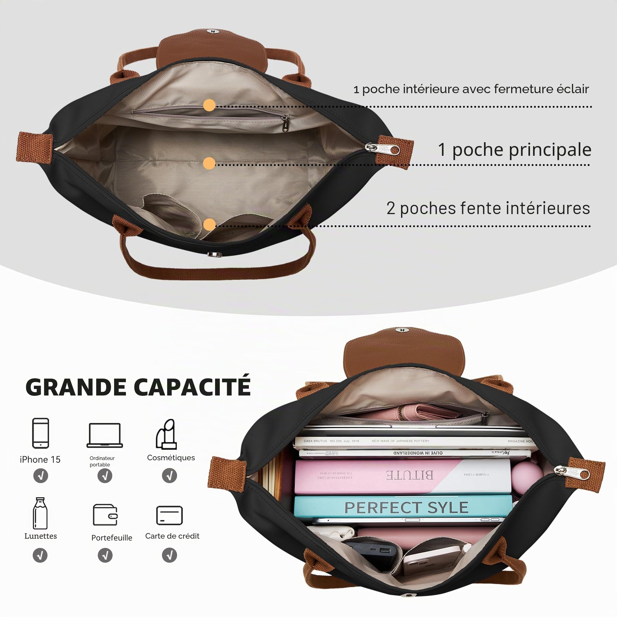 KALIDI Sac à main pour femme, grand sac cabas, étanche, sac de travail, sac à bandoulière pour le travail, le bureau, les voyages, le shopping, l'école