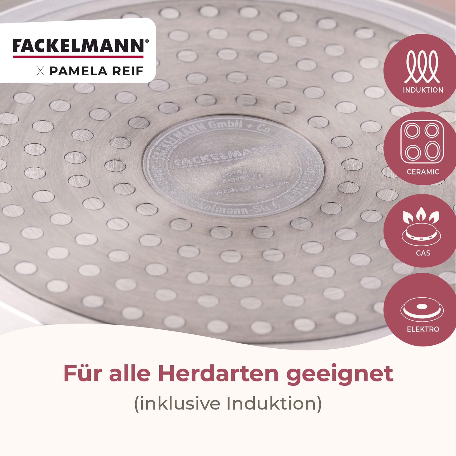 Fackelmann x Pamela Reif 10-teiliges Topf- und Pfannen-Set – gepresstes Aluminium, pastell beige, inkl. Pfannenschutz, für alle Herdarten geeignet
