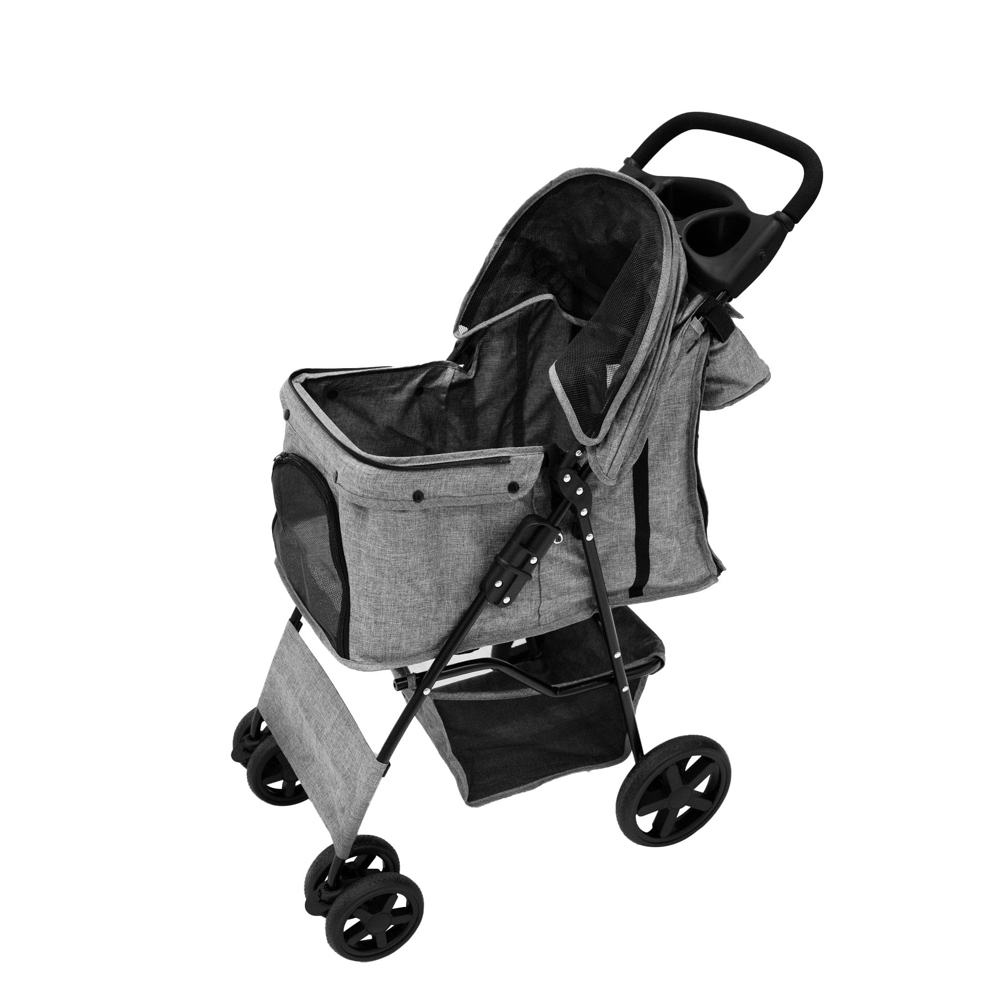 Pet Stroller Pushchair & Caddy Bag Organiser Detachable Blue Tartan Foldable Carrier 15kg Capacity Wheels Brakes Dog Hook Leash Canopy Mesh Windows Basket Cup Holders Pockets & Waterproof Rain Cover