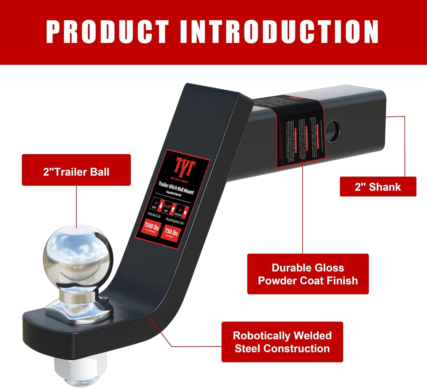 TYT Trailer Hitch Ball Mount Kit with 2 Inch Ball & 5/8" Hitch Pin Clip, 4 Inch Drop, Fits 2 Inch Receiver, 7500lbs Capacity, Upgraded Hitch Kit