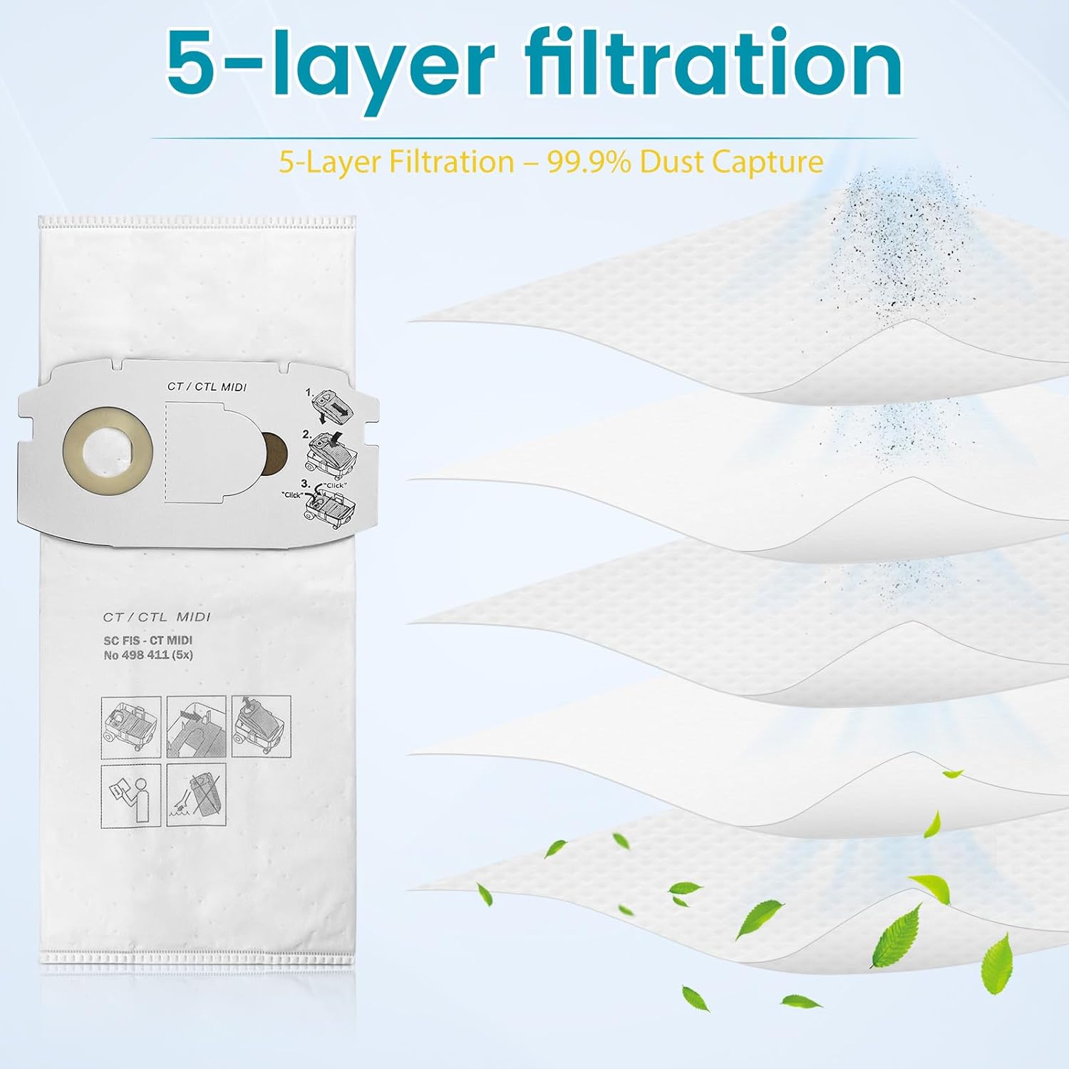 6-Pack 498411 Self Clean Filter Bag for Festool CT MIDI (Before 2019),Replacement Festool CT MIDI Dust Extractor Filter Bags