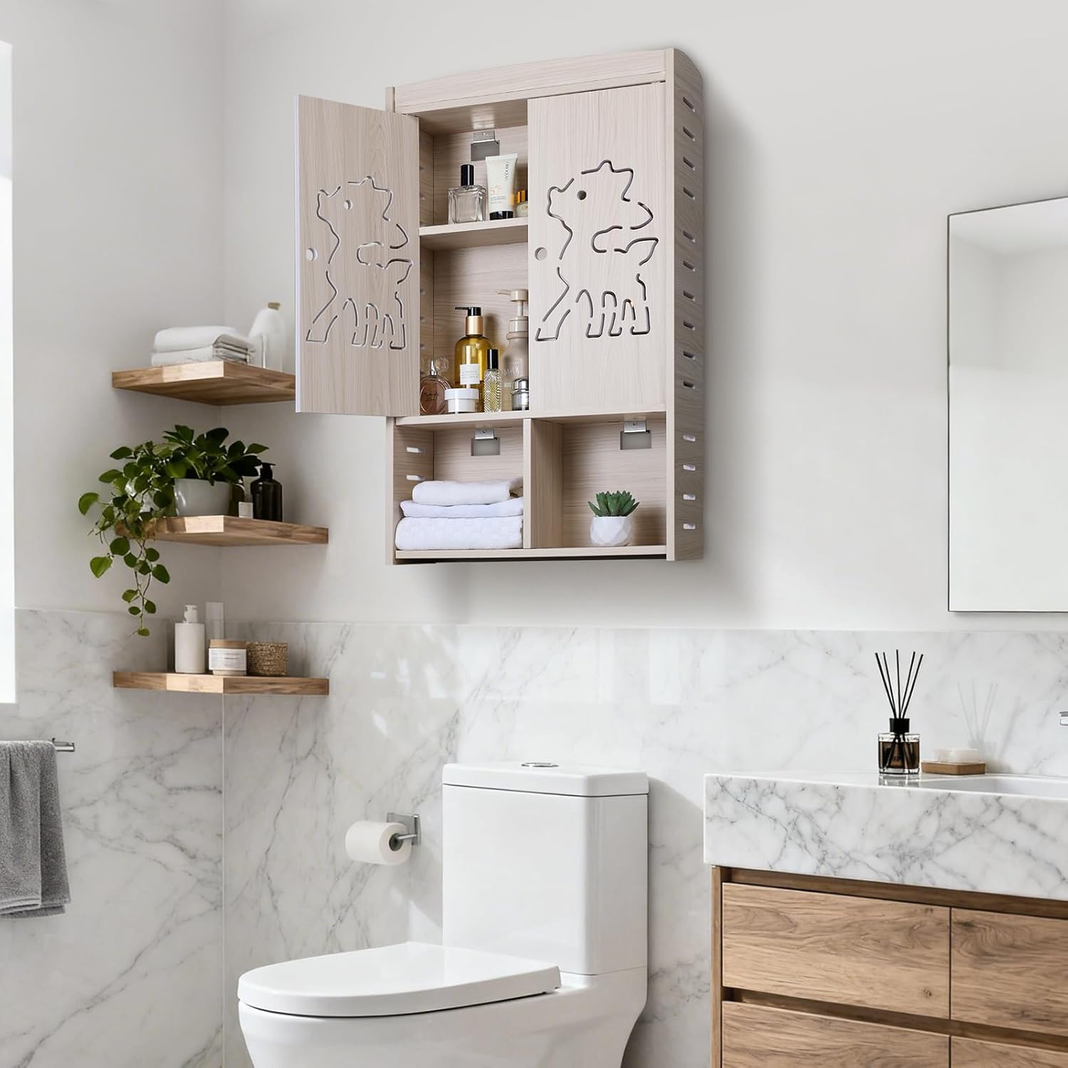 Medicine Cabinet Wall Mounted with Doors, PVC Foam Board Cabinet with Doors and Shelves Over The Toilet, Bathroom Wall Cabinet Wall Mounted, Hanging Cabinet