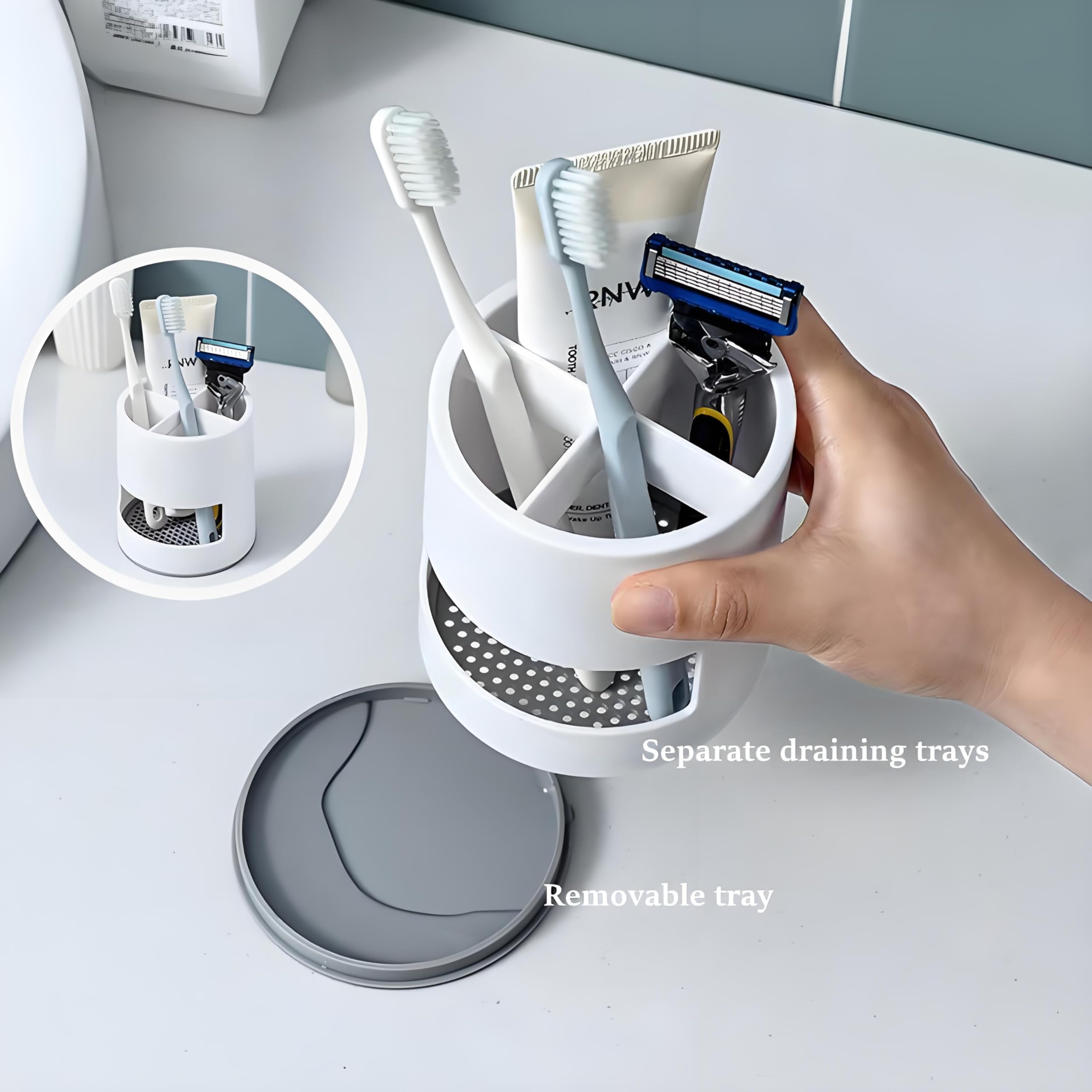 Emibele Portaspazzolino in Resina con 3 Slot, Porta Spazzolino Elettrico, Porta Spazzolino da Denti a Forma di Esagono, Supporto per Dentifricioda con Funzione di Drenaggio - Oro/Bianco