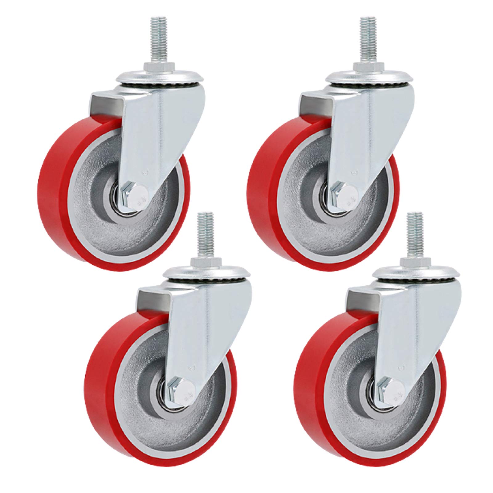 GYRAZXS Heavy-Duty C Wheels 4-Pack – 100mm Polyurethane Industrial Iron Core Universal Replacement for Carts Trolleys Furniture M12 x 30mm Threaded Stem Red