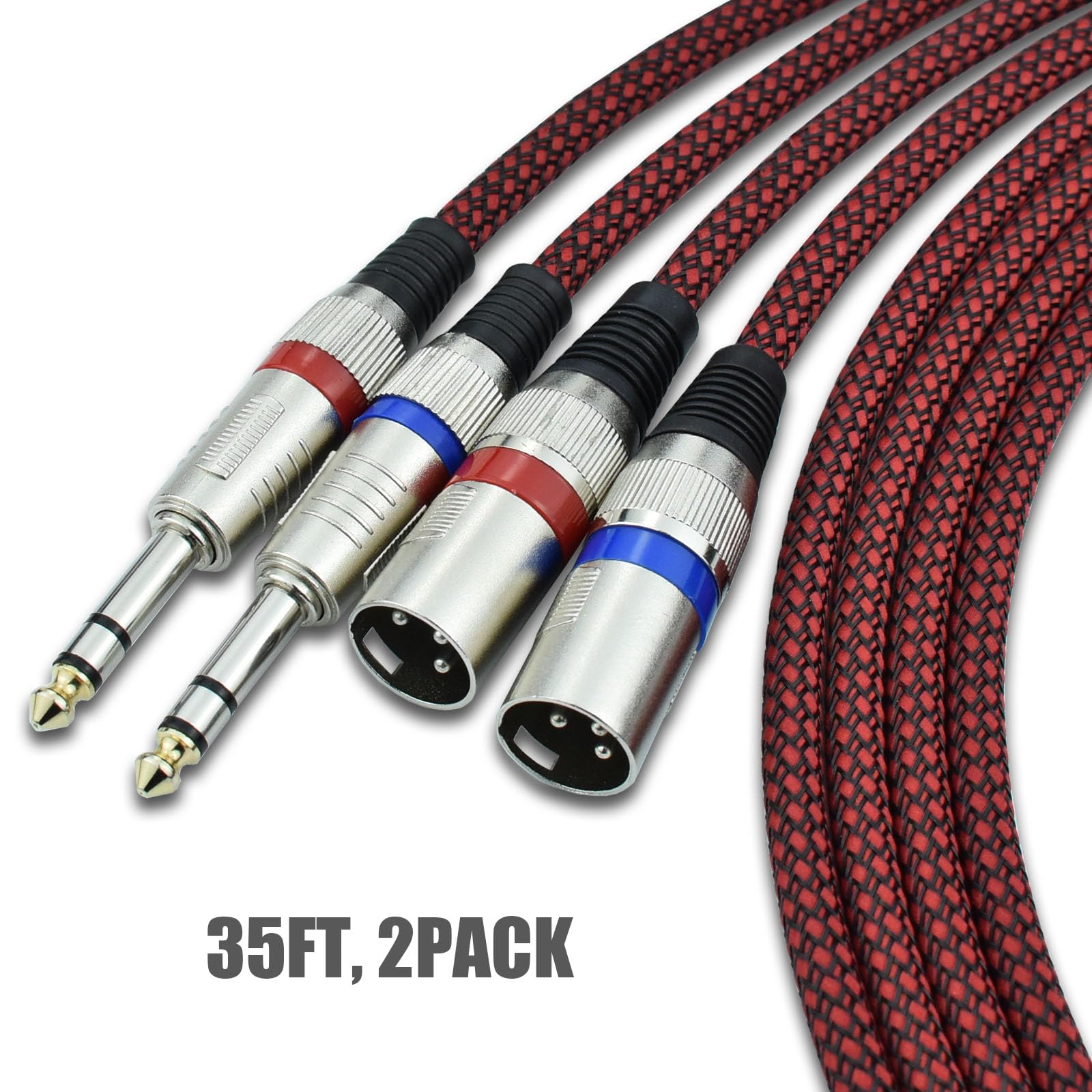 6.35 mm TRS auf XLR-Stecker, symmetrisch – 15 m Stereo auf XLR-Mikrofonkabeladapter, Nylon geflochten, OFC-geschirmt, rote Farbe, für Mischpult, Audio-Schnittstelle, 2 Stück