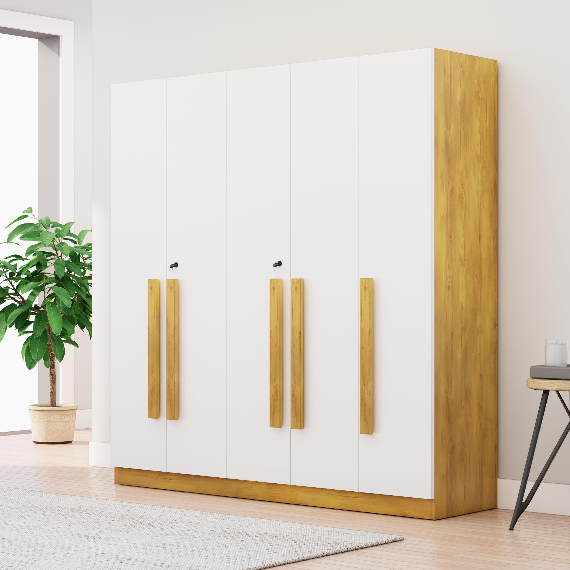 Bniture 5 Door Wooden Wardrobe for Bedroom with Lockable Door & 2 Hanging Space | Engineered Wood Almirah for Clothes | Wardrobe for Storage Cupboard with 8 Shelves (Giant Wood & Frosty White)-image-12