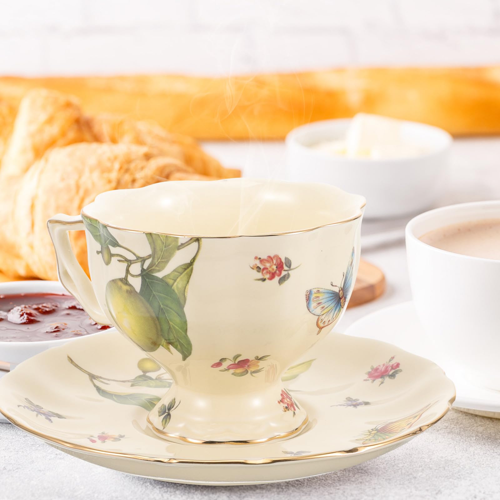 Vintage Keramik Kaffeebecher Satz mit Untertasse Großer Mund Bruchfest für French und English Afternoon Tea zu Hause