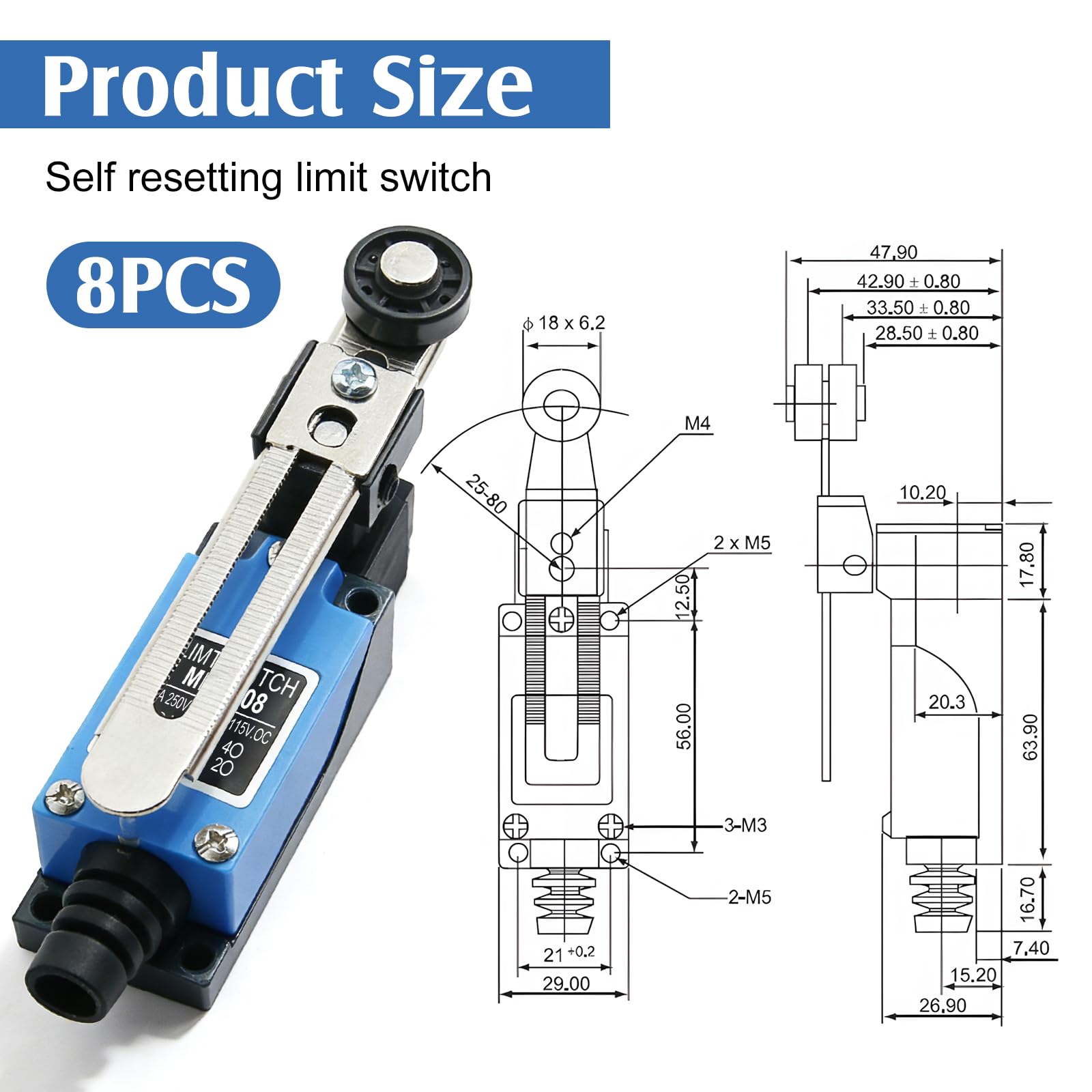 8pcs Interrupteur De Fin De Course, Levier De Rouleau Réglable, Switch Roller Levie, Me-8108, Nc-No, Interrupteur À Bascule, Interrupteur À Bascule Pour Fraise Cnc, Plasma, Bleu