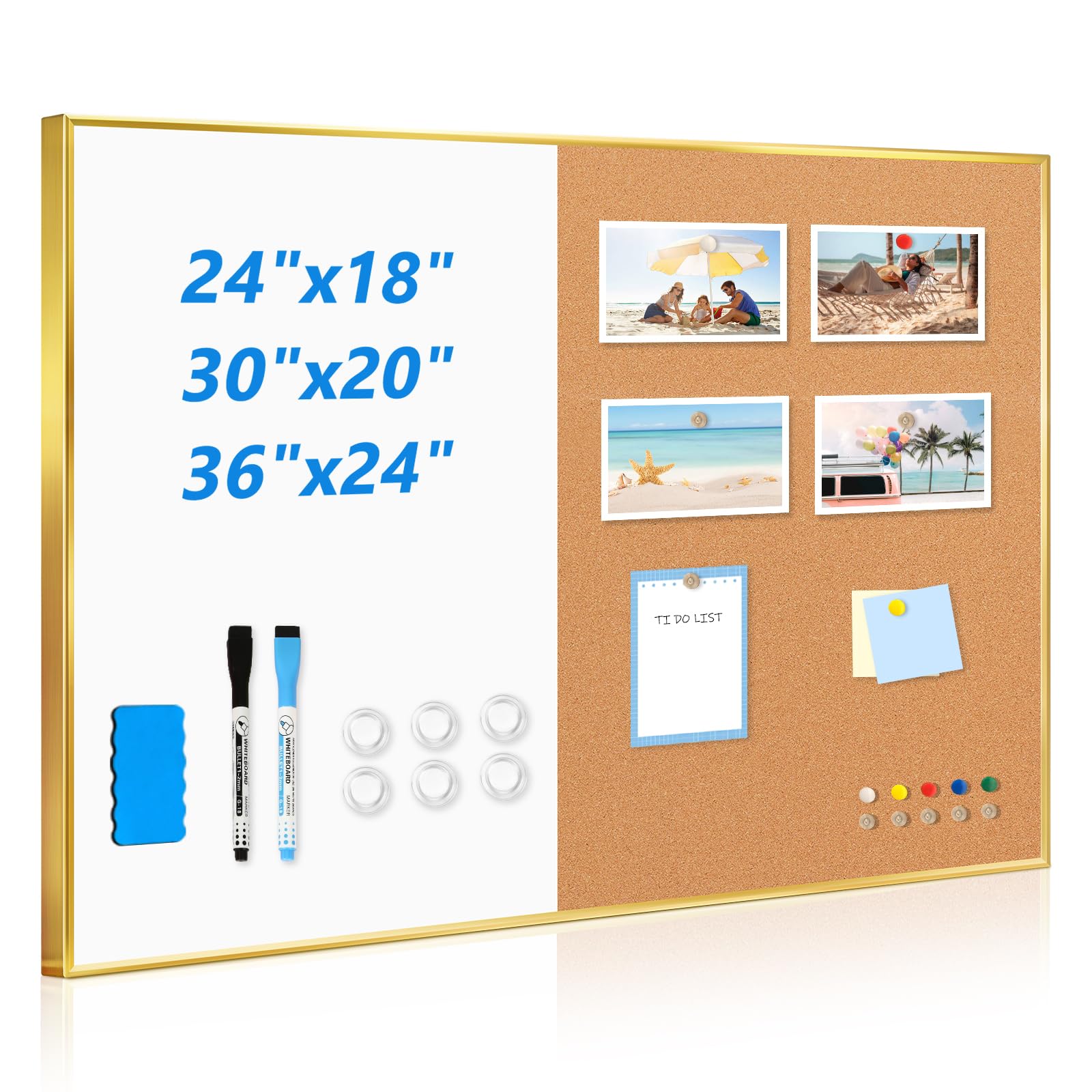 white board cork board combo, 30"x20" magnetic dry erase corkboard, gold | aluminum frame, wall mounted, bulletin board, vision board, for home office school kitchen