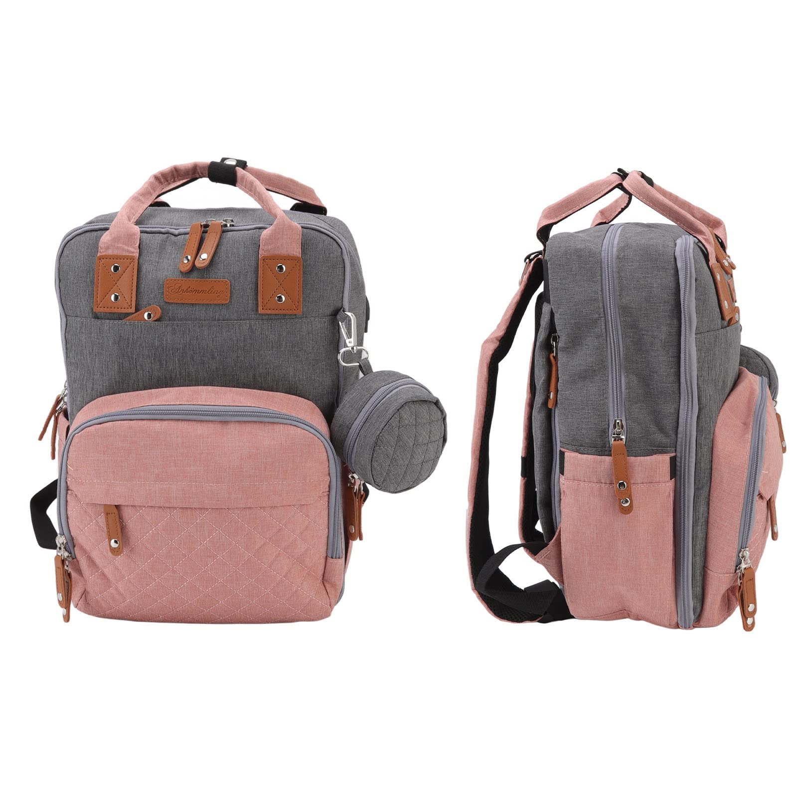 Wickeltaschen-Rucksack für Mama, bestickte Wickeltasche mit Kinderwagen-Aufhängung, 20 l großer Babyrucksack, Wasser-Oxford-Gewebe, USB-Ladeanschluss und isolierter Flaschenhalter