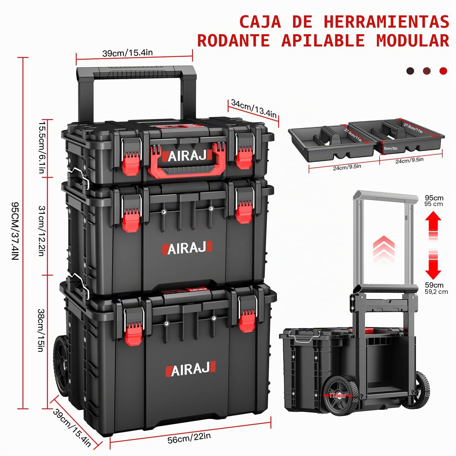 Caja Herramientas con Ruedas de Tres Capas,Caja de Herramientas Apilable Modular,Caja Herramientas Vacia Impermeable,Ruedas Todoterreno,Mango de Varilla de Tracción Retráctil