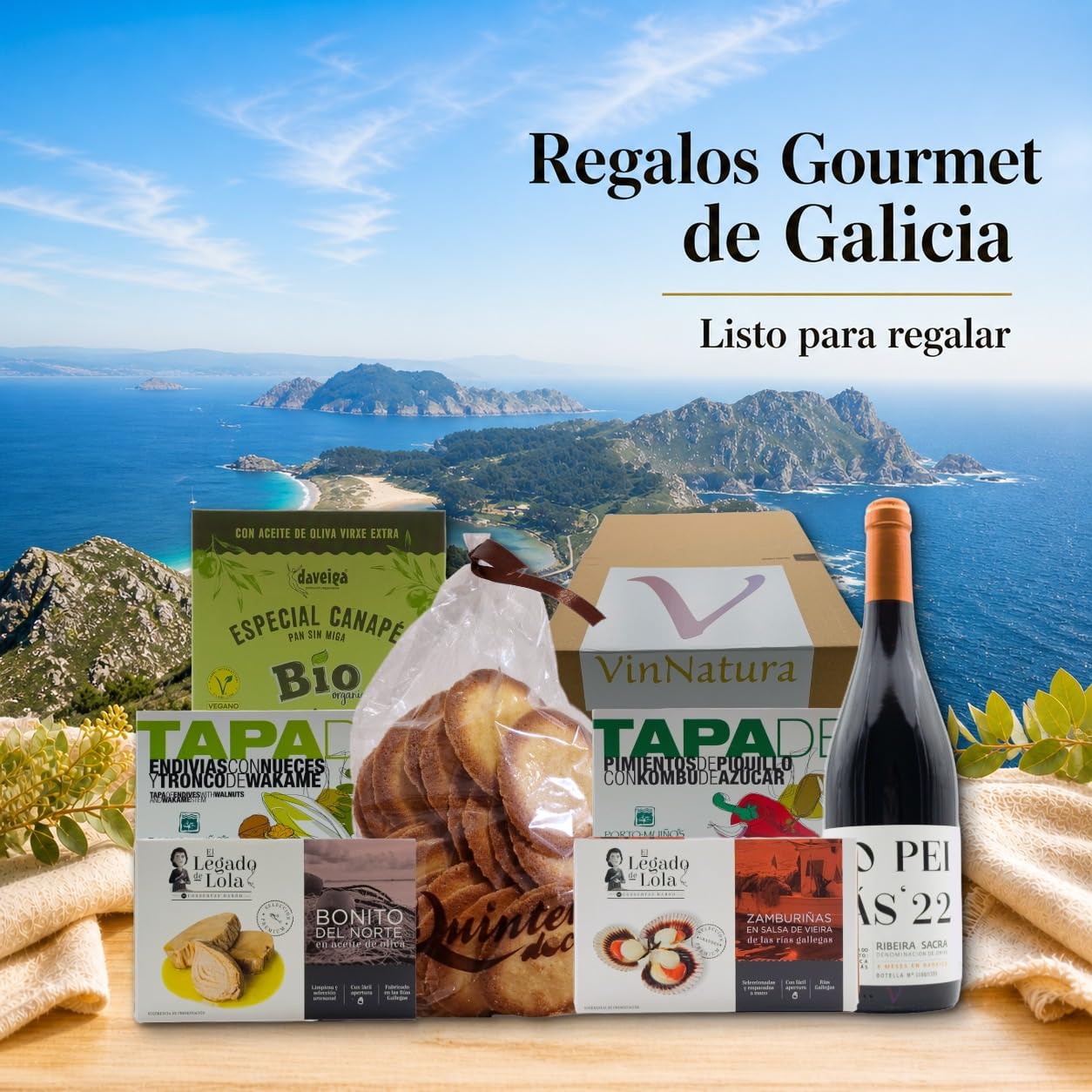 Caja Gourmet Cortegada de VinNatura con Conservas Artesanas y Vino Mencía | Regalo gourmet gallego, regalos de empresa, cesta con vino, elaboración tradicional, tarjeta personalizable