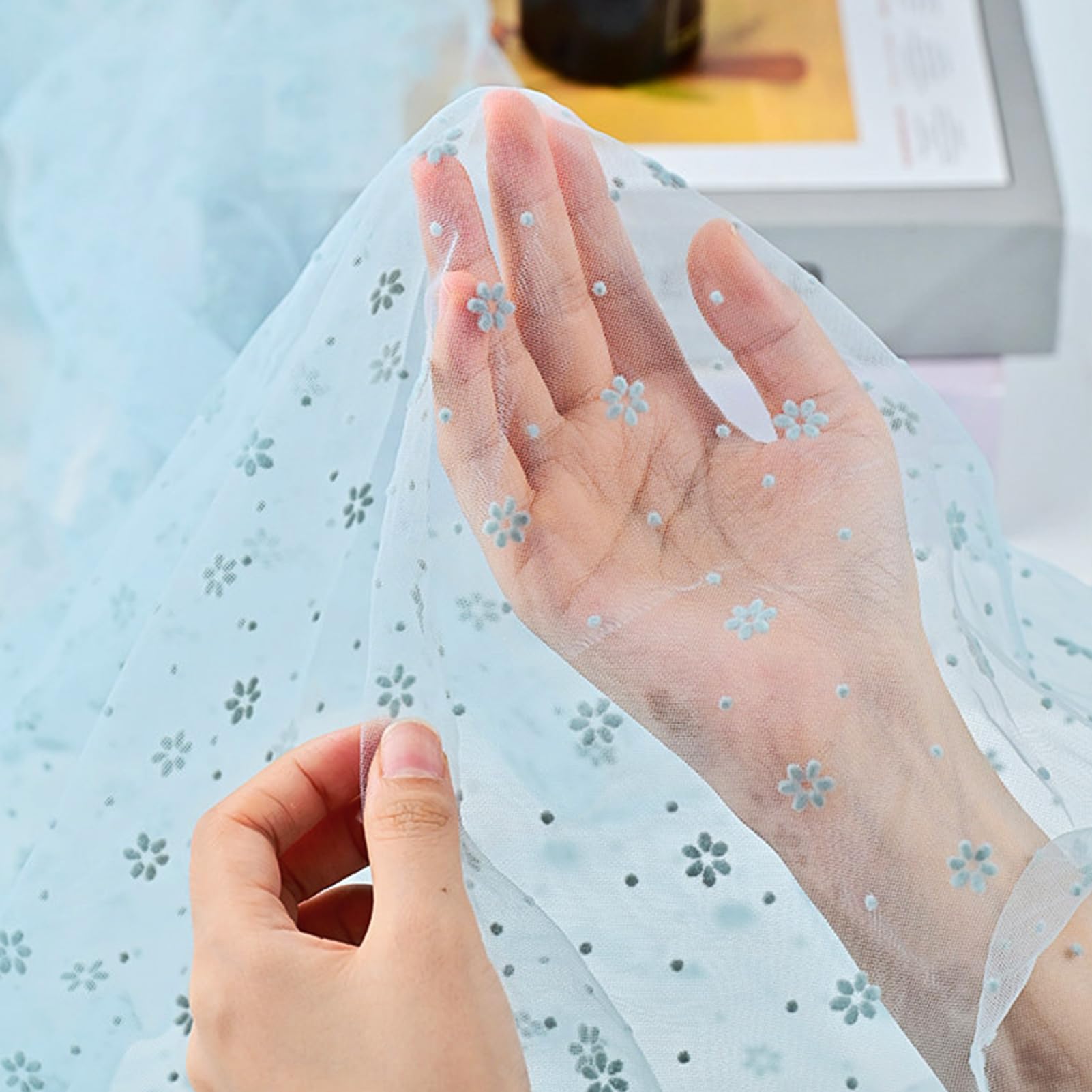 Dxcaicc Tulle 6-Petal Design Snowflake Mesh Fabric 1.6X0.5M Flocked Plum Blossom Floral Pattern Flowers Cloth Ideal for Mosquito Nets,Misty Blue