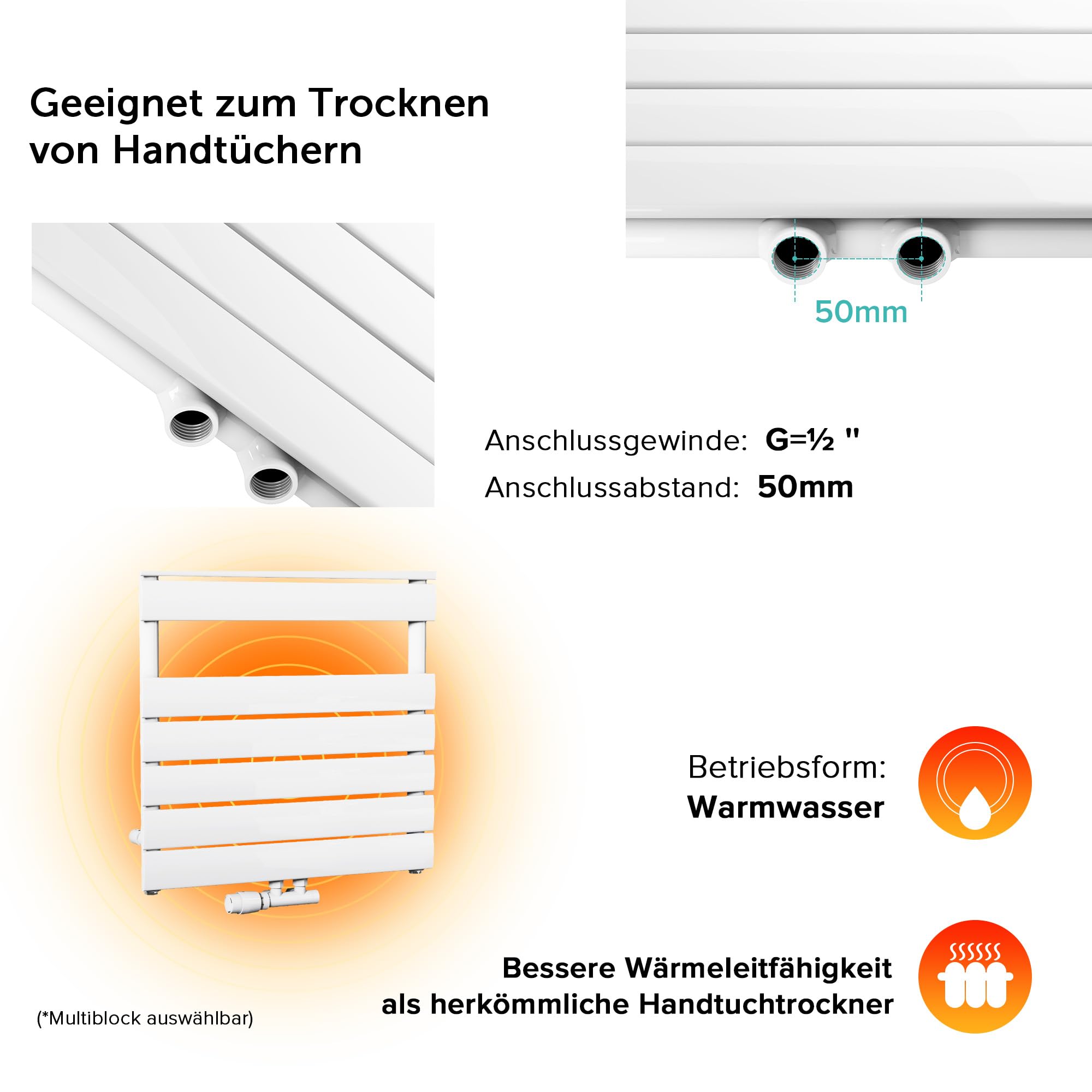 doporro Badheizkörper Design 180x60cm Weiß Paneelheizkörper Horizontal 2in1 Mittelanschluss Seitenanschluss