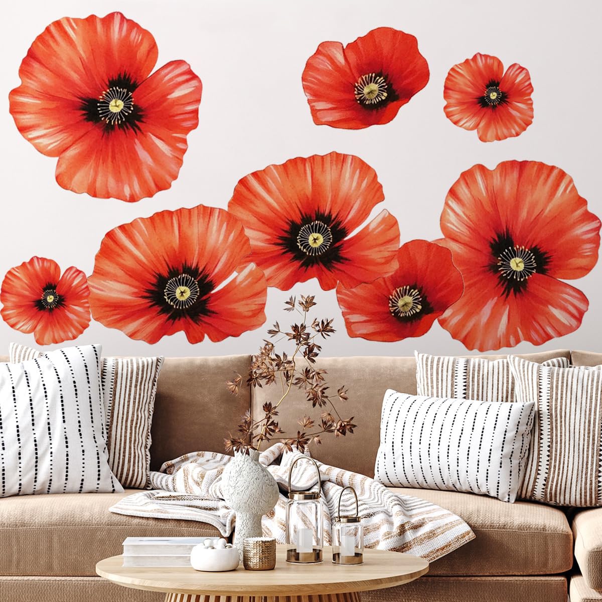 Runtoo Large Flower Wall Art Decals 3D Boho Fabric Red Poppy Floral Wall Mural Stickers for Girls Bedroom Living Room Office Wall Backdrop Decor - Image 3