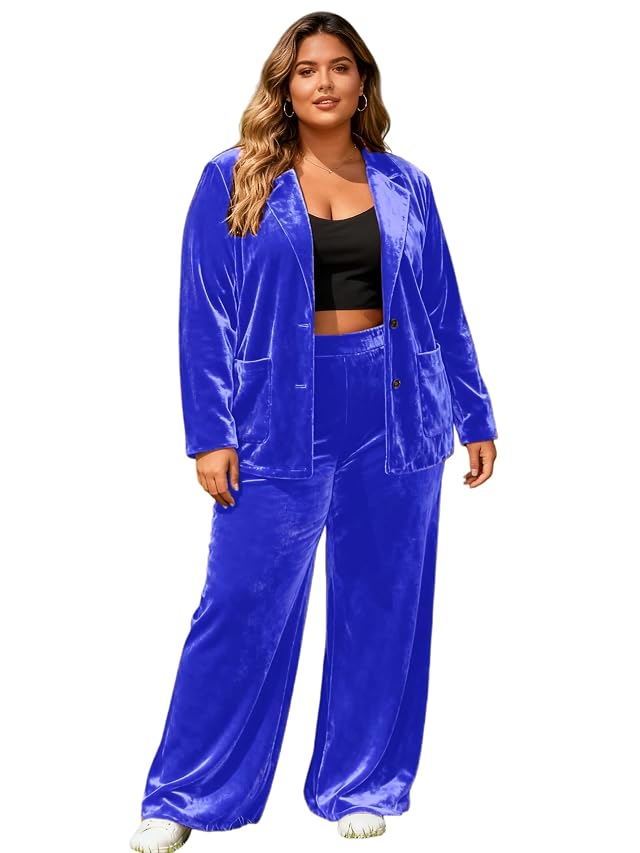 Womens Velvet Suits Plus Size 2 Piece Outfits Winter Tuxedos Pantsuits Set Business Work Office