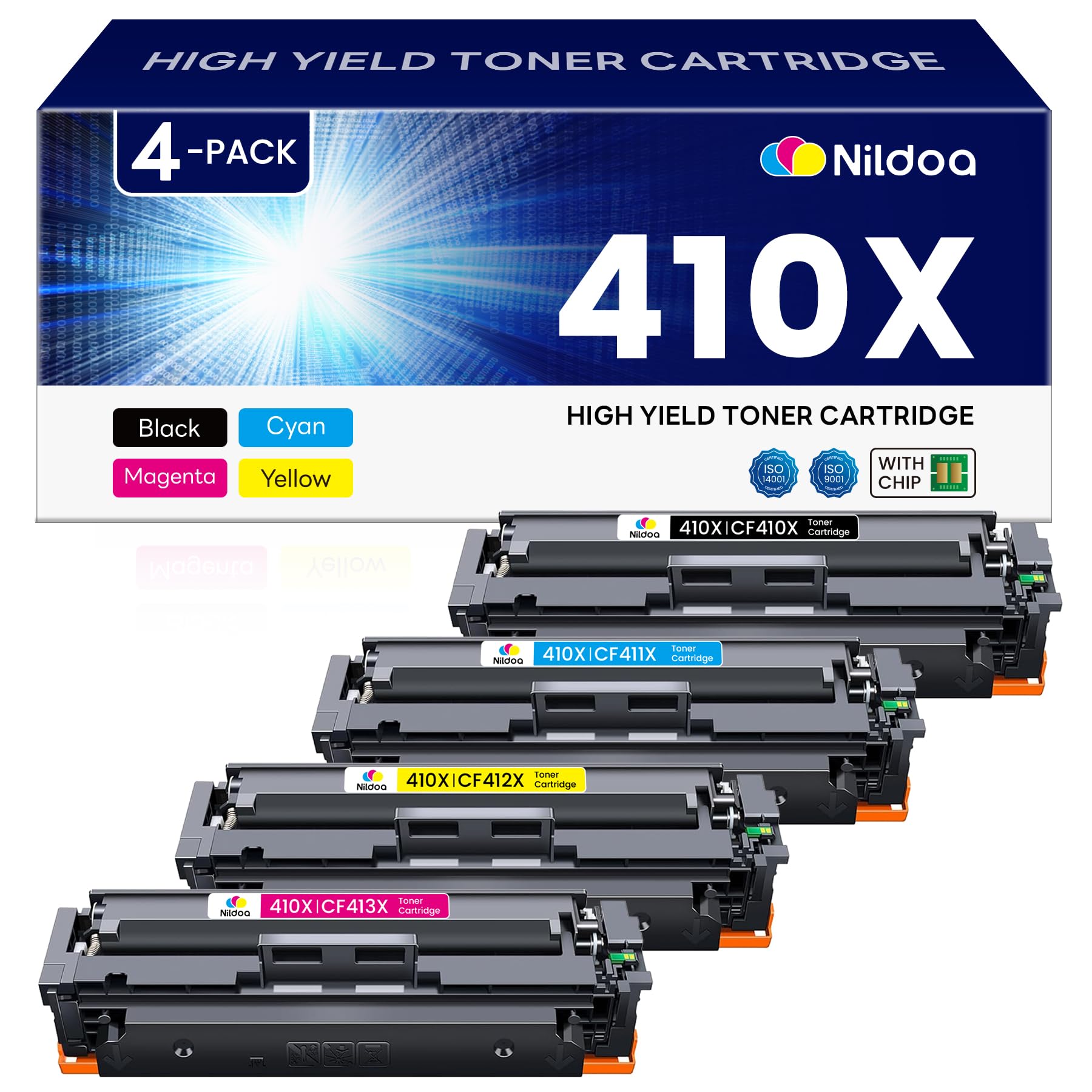 410X Toner Cartridges 4 Pack High Yield Replacement for HP 410X Black Cyan Magenta Yellow Color Pro MFP M477fnw M477fdw M452dn M452dw Printer | CF410X