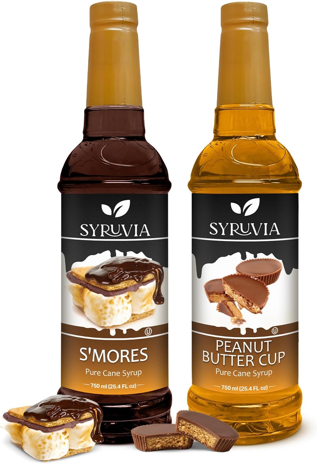 Syruvia Coffee Syrup Variety Pack - Peanut Butter Cup & S'mores- Gluten-Free, Kosher, 25.4 fl oz Bottles - Enhance Your Coffee Experience with Premium Flavoring Syrups