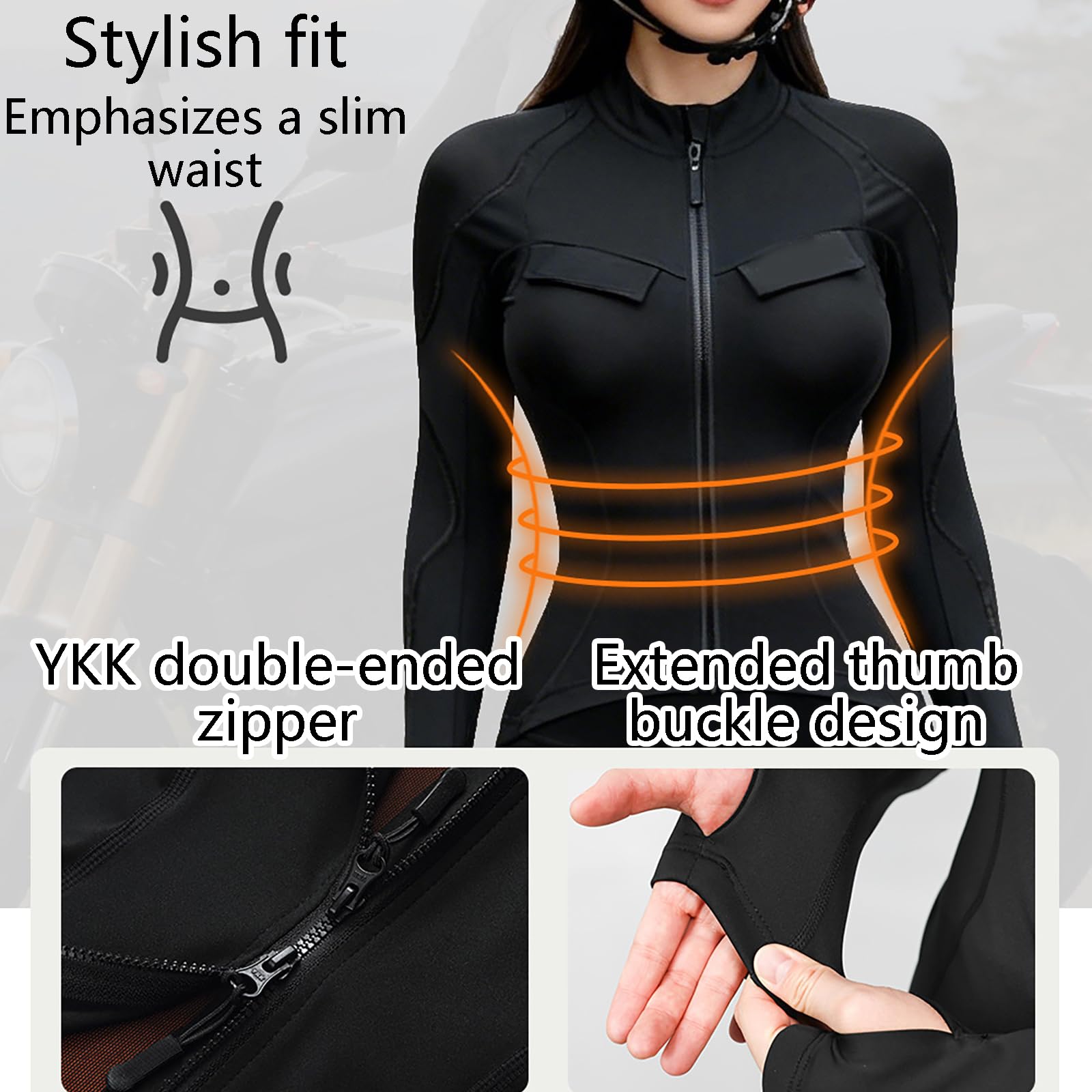 Motorrad-Unterhemd Für Damen Mit Protektoren, Langes, Atmungsaktives Slim-Fit-Shirt Mit Herausnehmbaren Protektoren Und Durchgehendem Reißverschluss, Reflektierendem Design