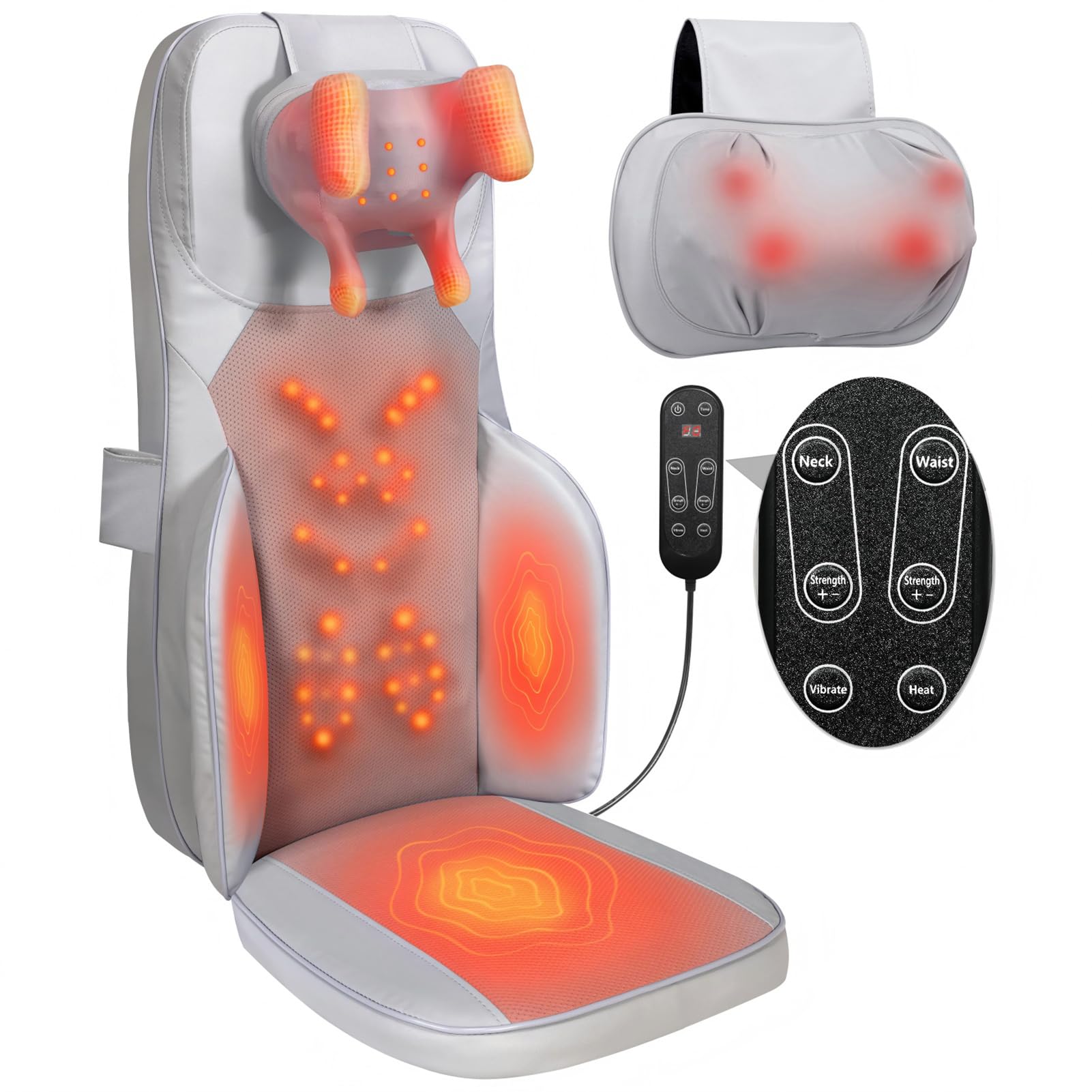 Shiatsu Neck Back Massager with Heat - 4D Kneading Full-Body Massage Cushion with Vibration, Dual-Neck Design, Adjustable Intensity, Height for Release Stress, for Office Chair, Home, Grey