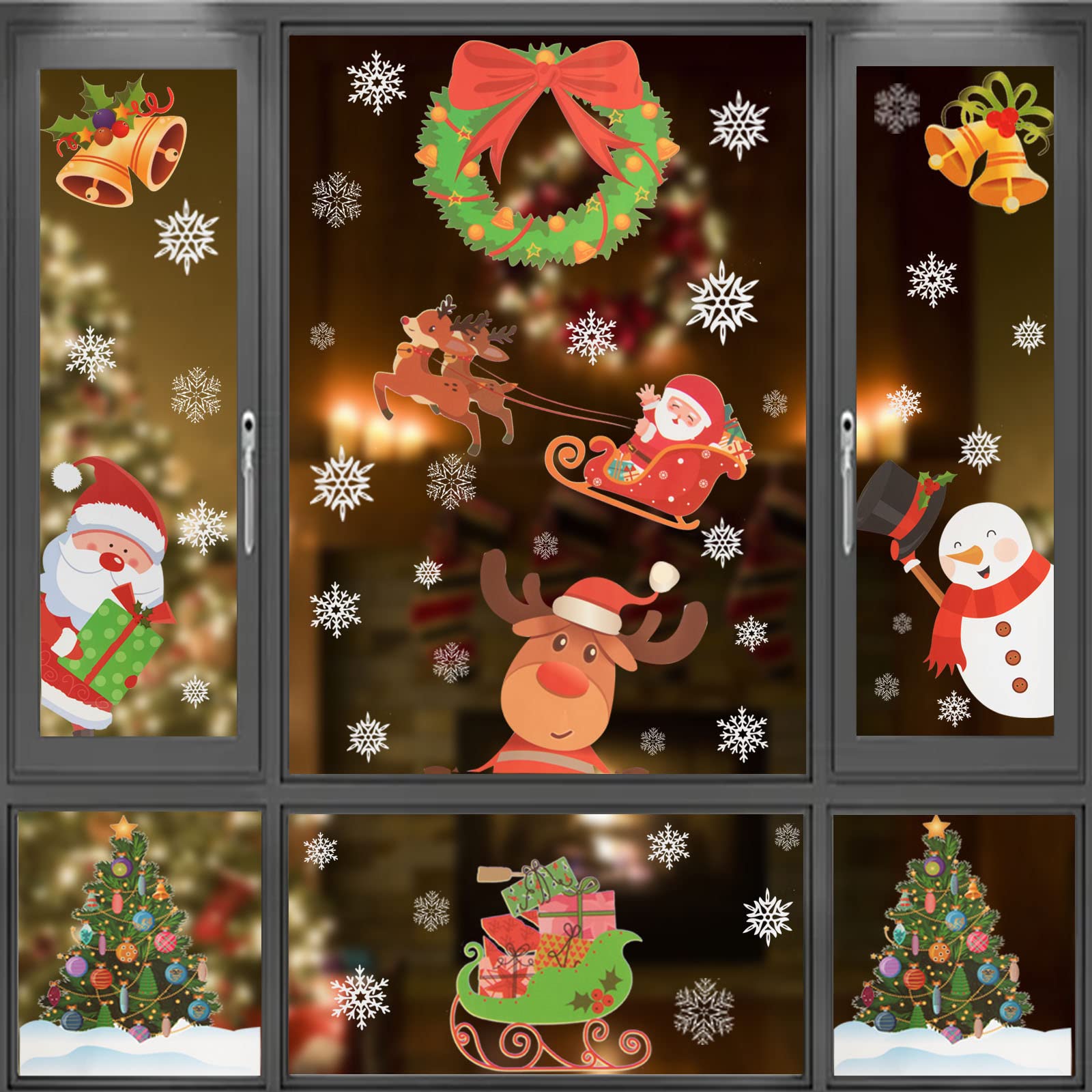 360 Stück Weihnachts-Fensterbilder – Schneeflocken, Weihnachtsmann & Elch, Statische Aufkleber