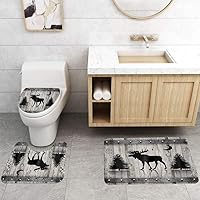 Vista 3 de Camille&Andrew - Juego de 4 cortinas de ducha de tela de ciervo rústico negro, alce, alce, pino, luna, casa de campo, panel rústico, tablero