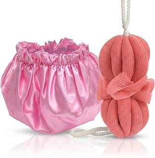 Mesh Loofah and Satin Shower Cap Set - Waterproof Reusable Shower Cap and Stretchy Body Loop (Pink)