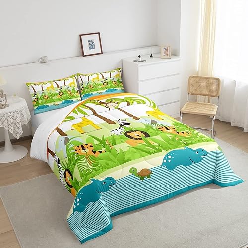 Miniatura 4 de Juego de edredón Kawaii de dibujos animados de animales lindos jirafa león elefante para niñas y niños, bonita decoración botánica de palmera,