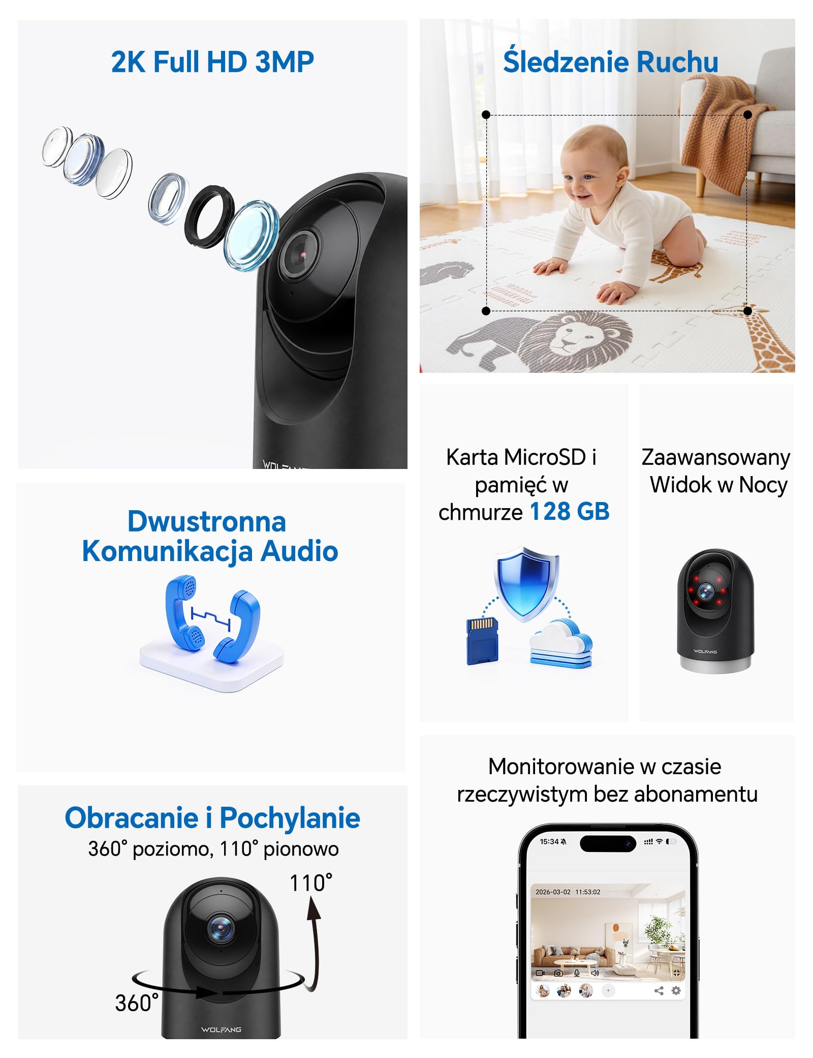 WOLFANG Kamera Wewnętrzna 2K, Kamera WiFi do Domu z Funkcją Obrotu 360° PTZ, Automatycznym Śledzeniem i Trybem Nocnym, Kamera dla Psa z Dwukierunkowym Audio, Kompatybilna z Alexa