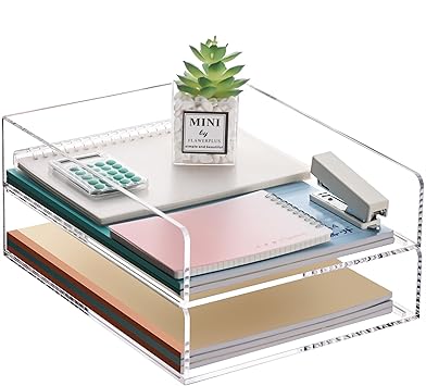 HeZone Paper Organizer Letter Tray, Clear Acrylic Paper Tray, School Teacher Office Supplies Organization, Stackable Desk File Organizer, Classroom Decor and Accessories-2 Pack…
