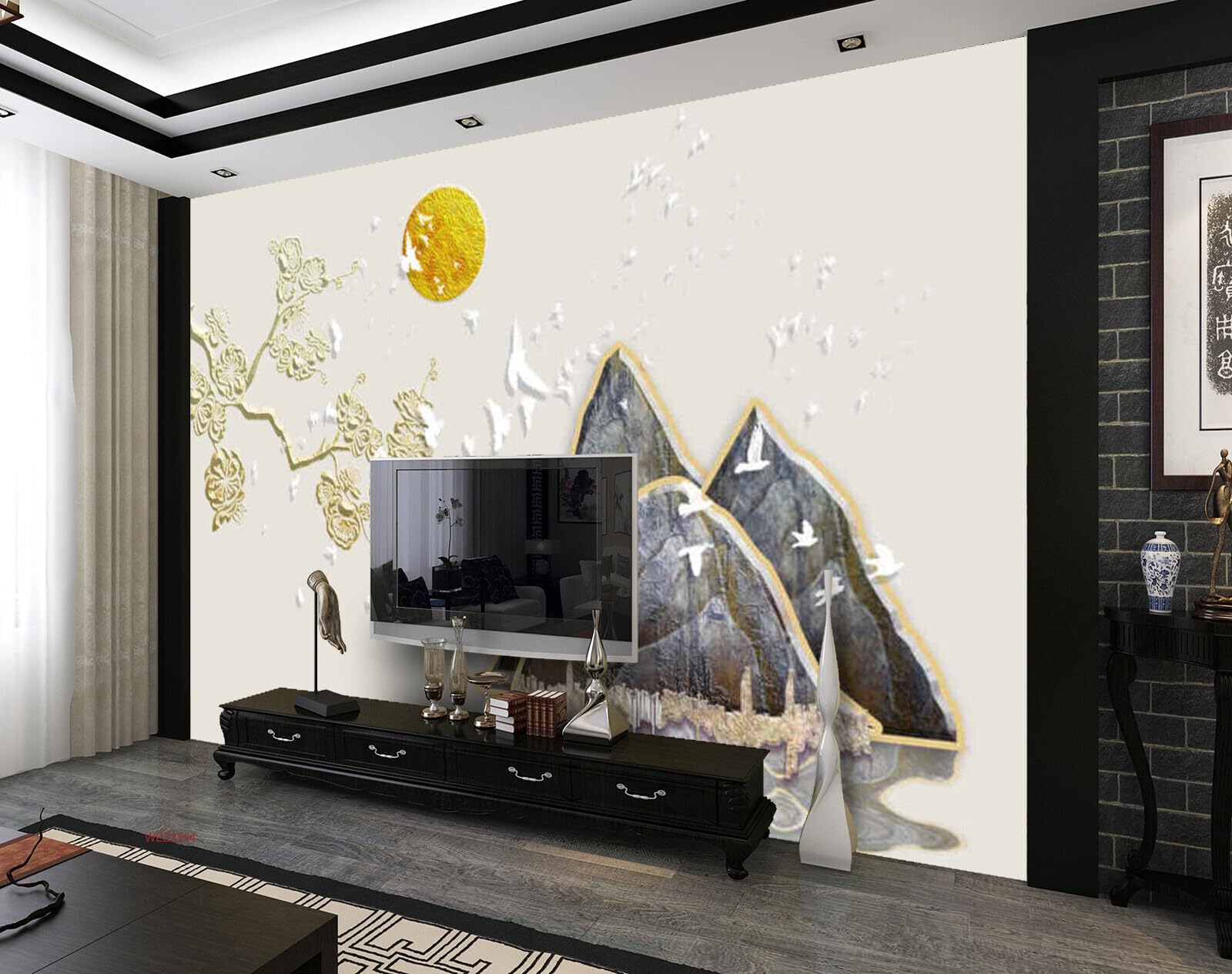 Wall26 - WEZ2254 Birds Blossom Peck Sun Mountains Flowers Beautiful Boo HD 3D Wall Sticker[7 ft x 5 ft] / [213 cm x 152 cm]