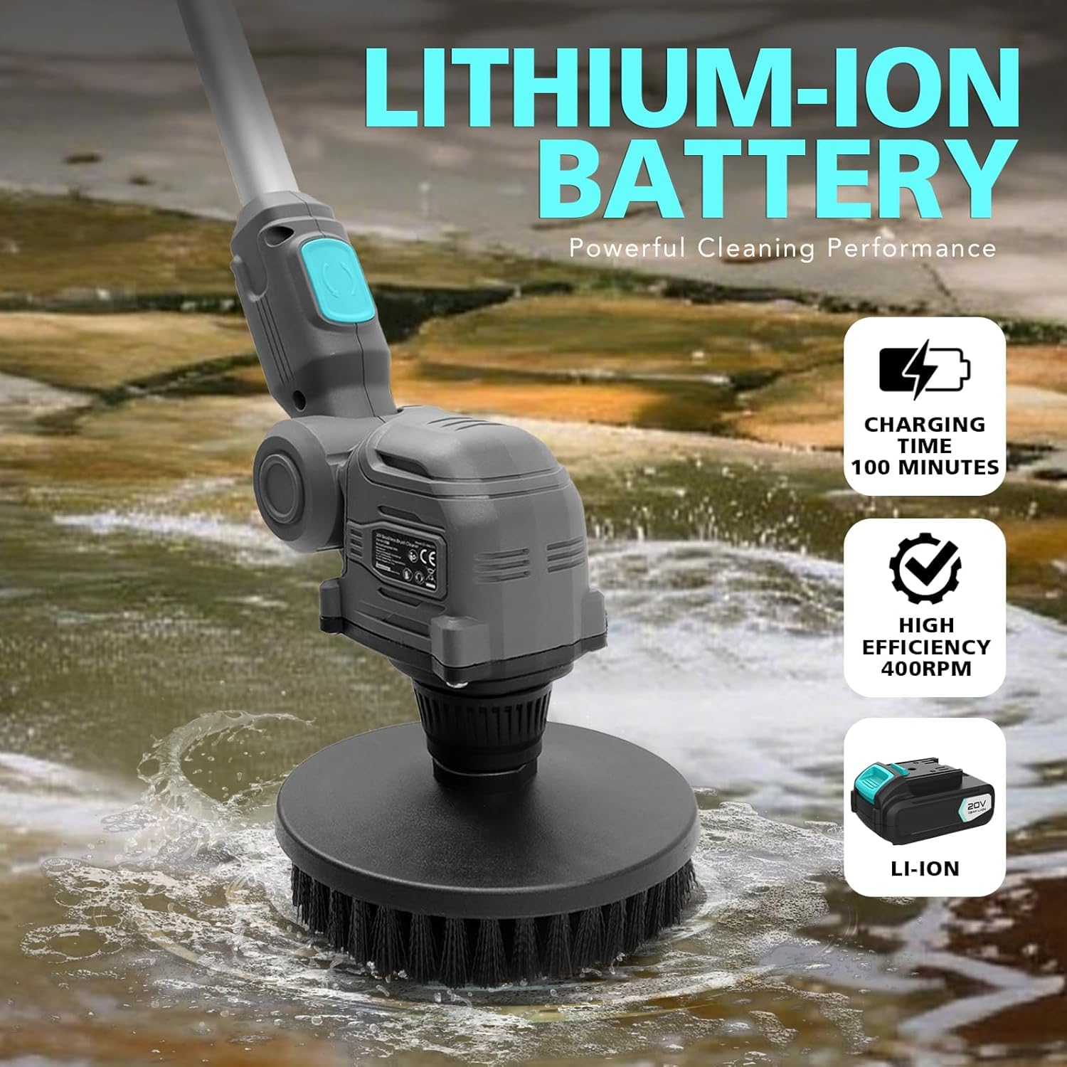 Cepillo De Limpieza Giratorio Inalámbrico De Alta Resistencia De 20 V con Cabezales Reemplazables Y Batería De Iones De Litio: Cepillo De Limpieza Eléctrico Patios Exteriores,