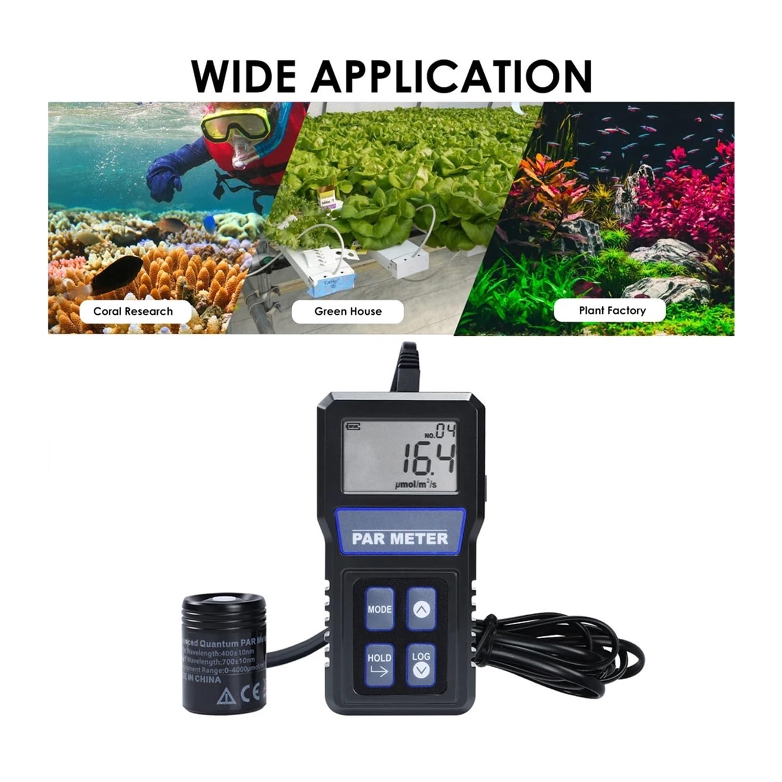 Medidor Digital PAR de Espectro Completo, Sensor cuántico, Actividad fotosintética IP68 for acuarios, arrecifes, Plantas, probador PPFD, Pantalla LCD