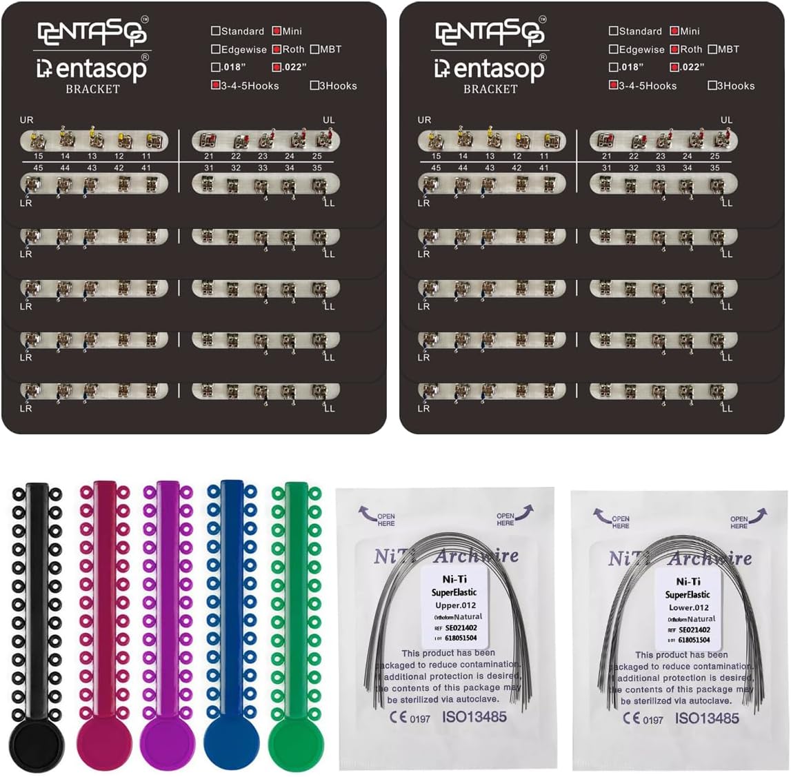 Dentasop Mini Roth Orthodontic Metal Bracket Kit, .022" Slot, 3-4-5 Hooks, 200 Pcs with Ligature Ties and NiTi Archwires