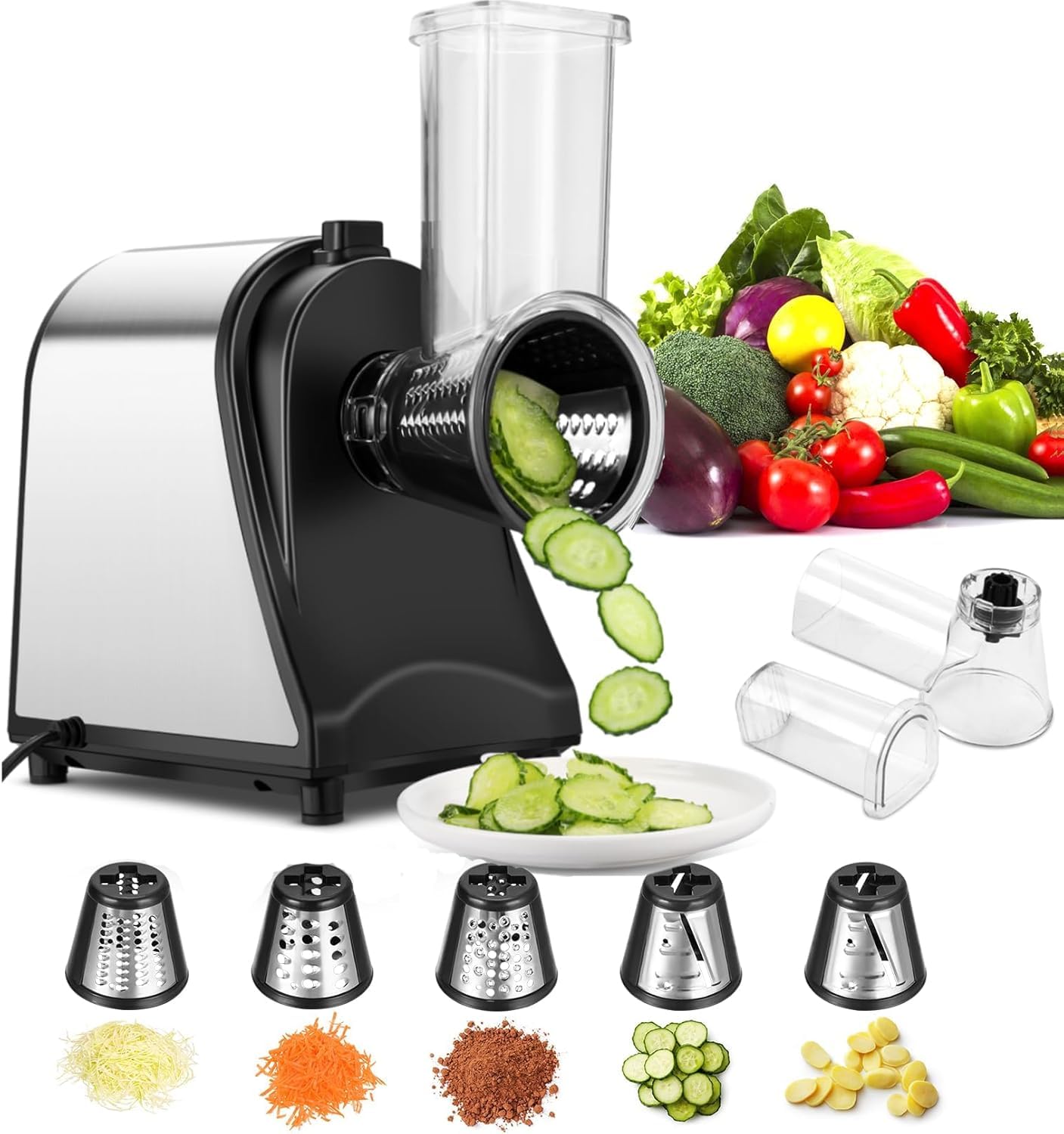 COOCHEER Cortador de Verduras Eléctrico 250W Rallador de Queso Acero Inoxidable 5 Cuchillas Intercambiables YF002